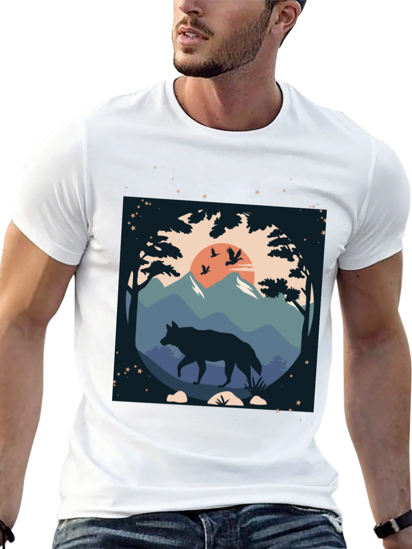 Wolf Landscape Graphic Tee - Black Cotton Blend