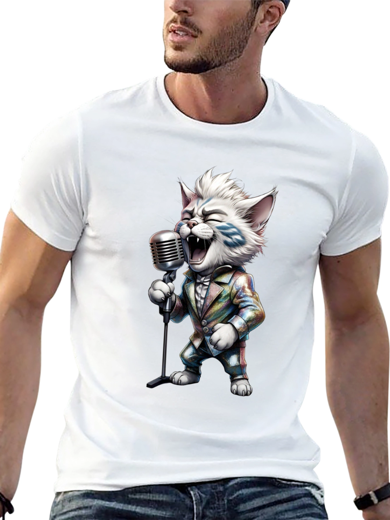 Singing Cat Graphic Tee - Retro Mic