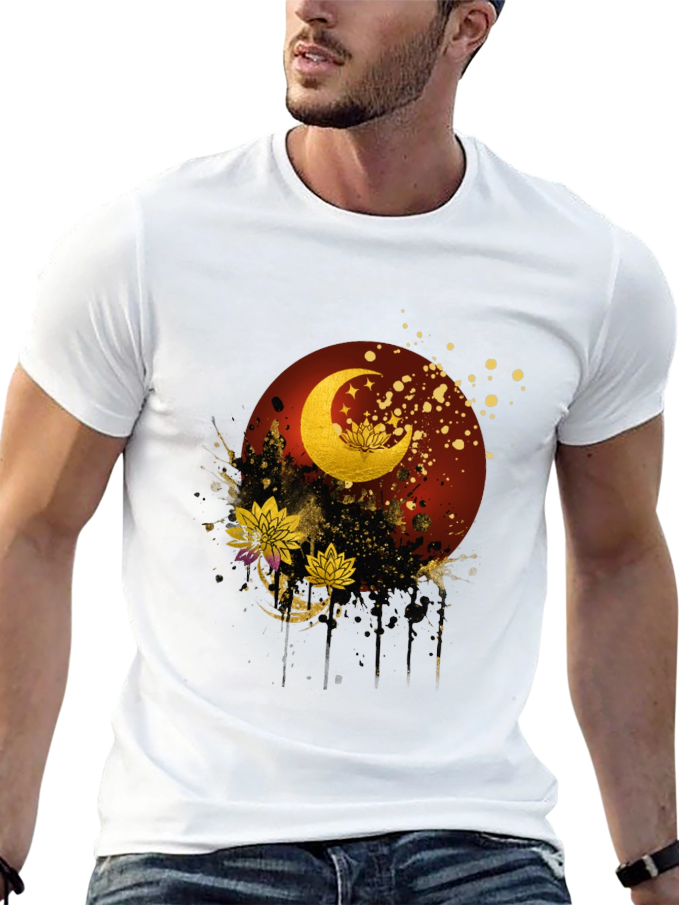 Lunar Lotus Graphic Tee - Artistic Black T-Shirt