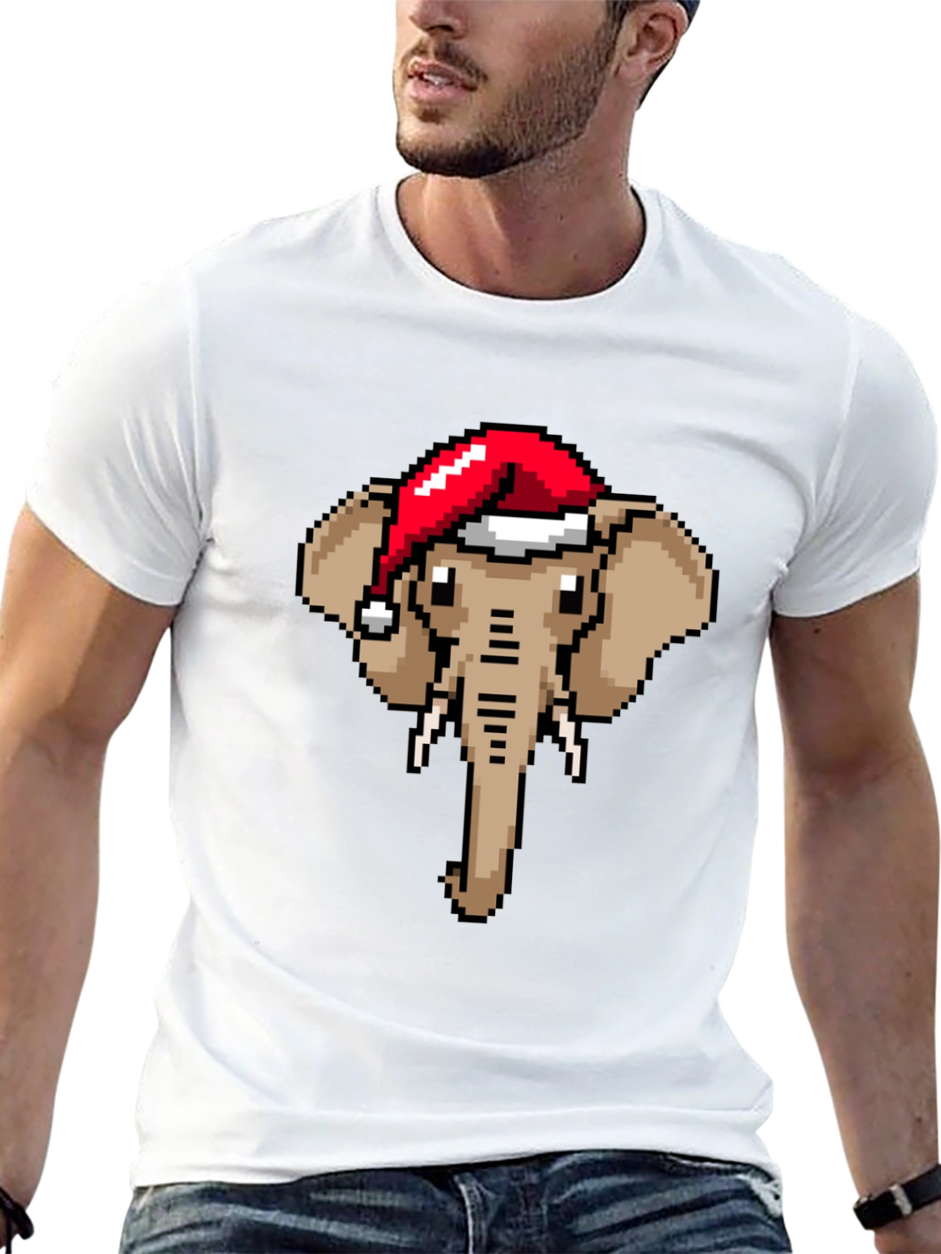 Pixelated Elephant Santa Hat Graphic Tee
