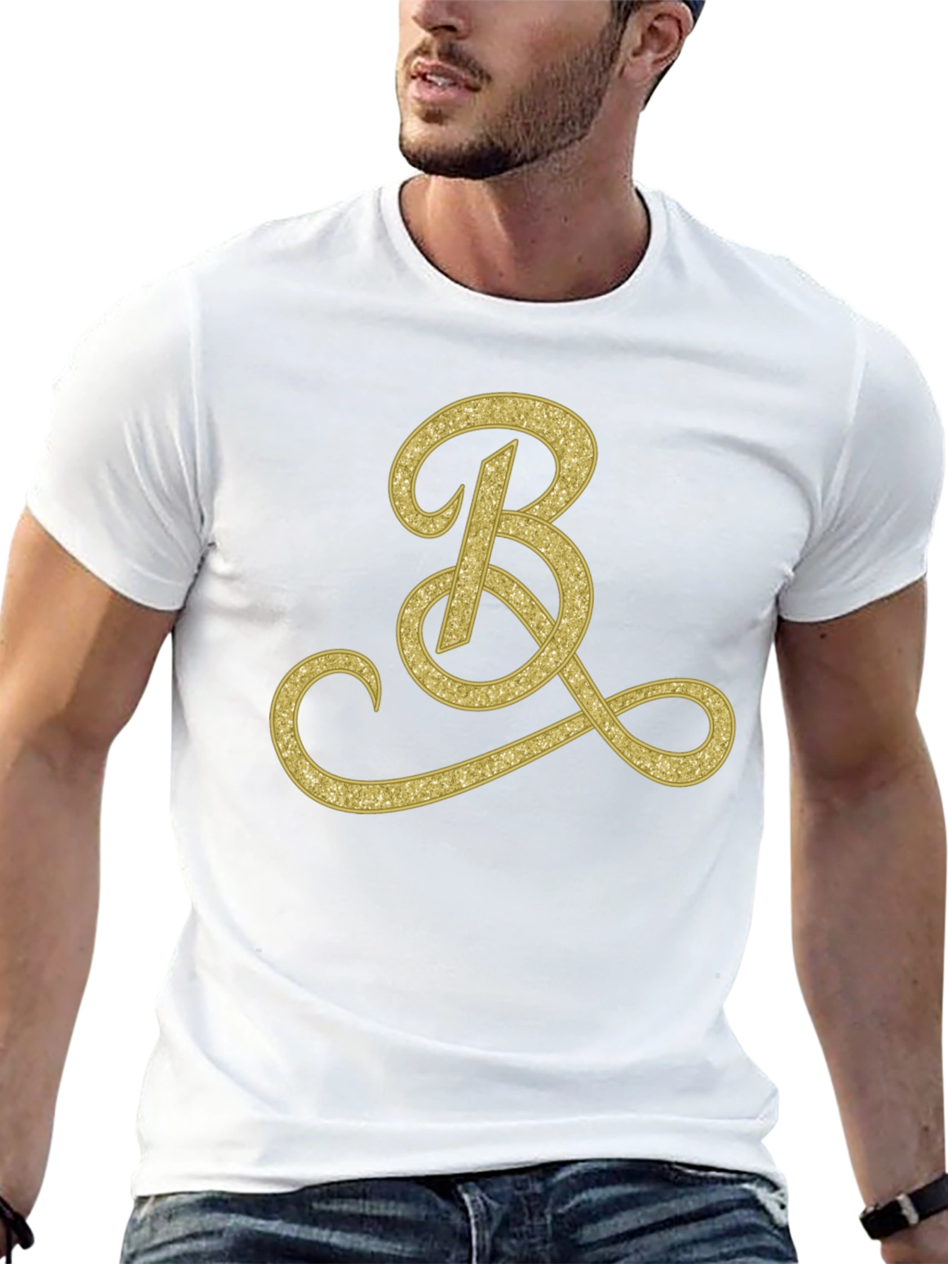 Mens Black T-Shirt with Gold Initial B Design