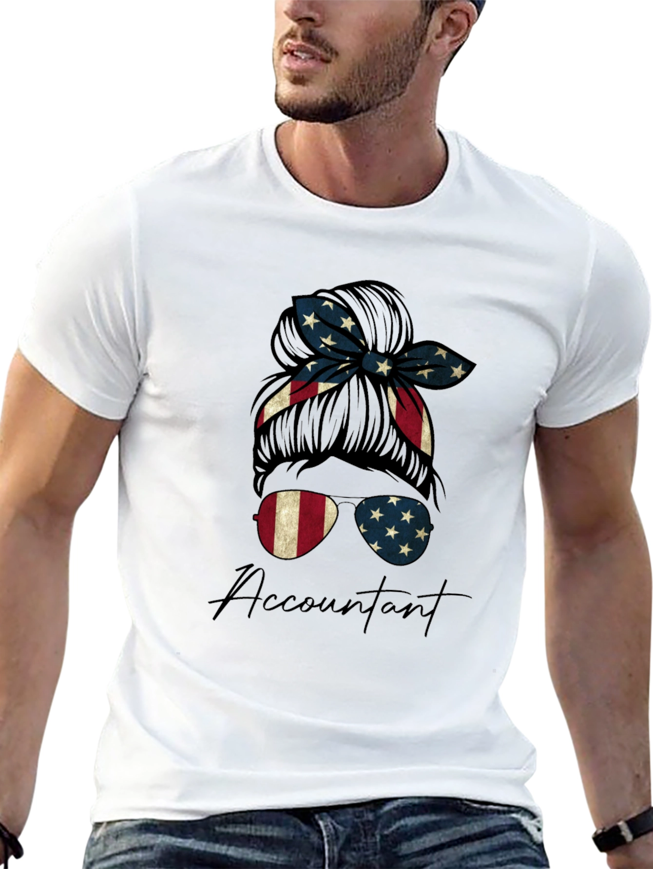 Accountant Messy Bun American Flag T-Shirt