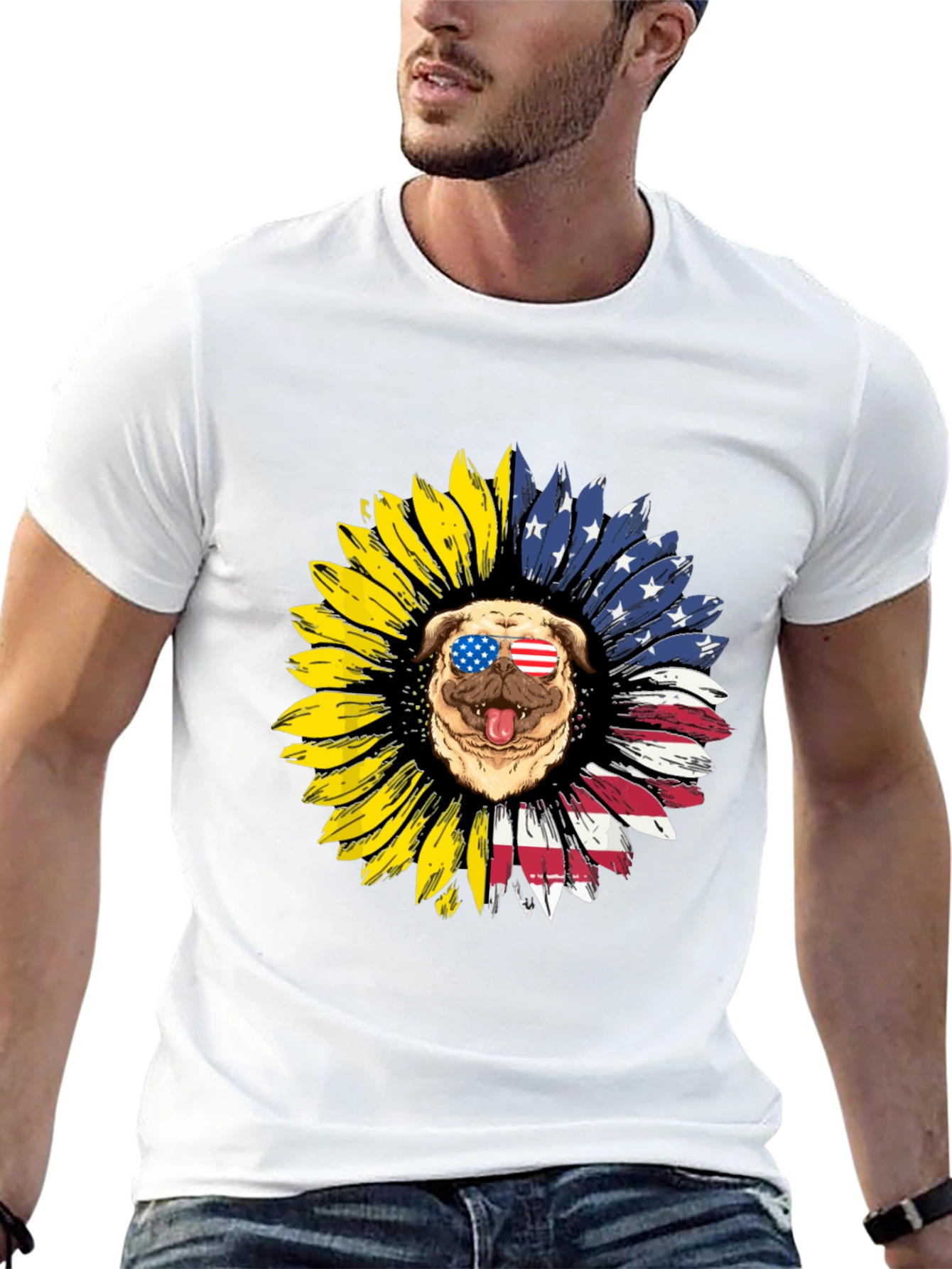 Patriotic Pug Sunflower Graphic Tee