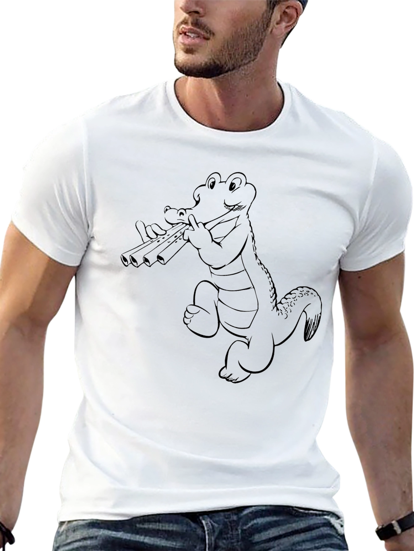 Black T-Shirt with Alligator Playing Flute Design