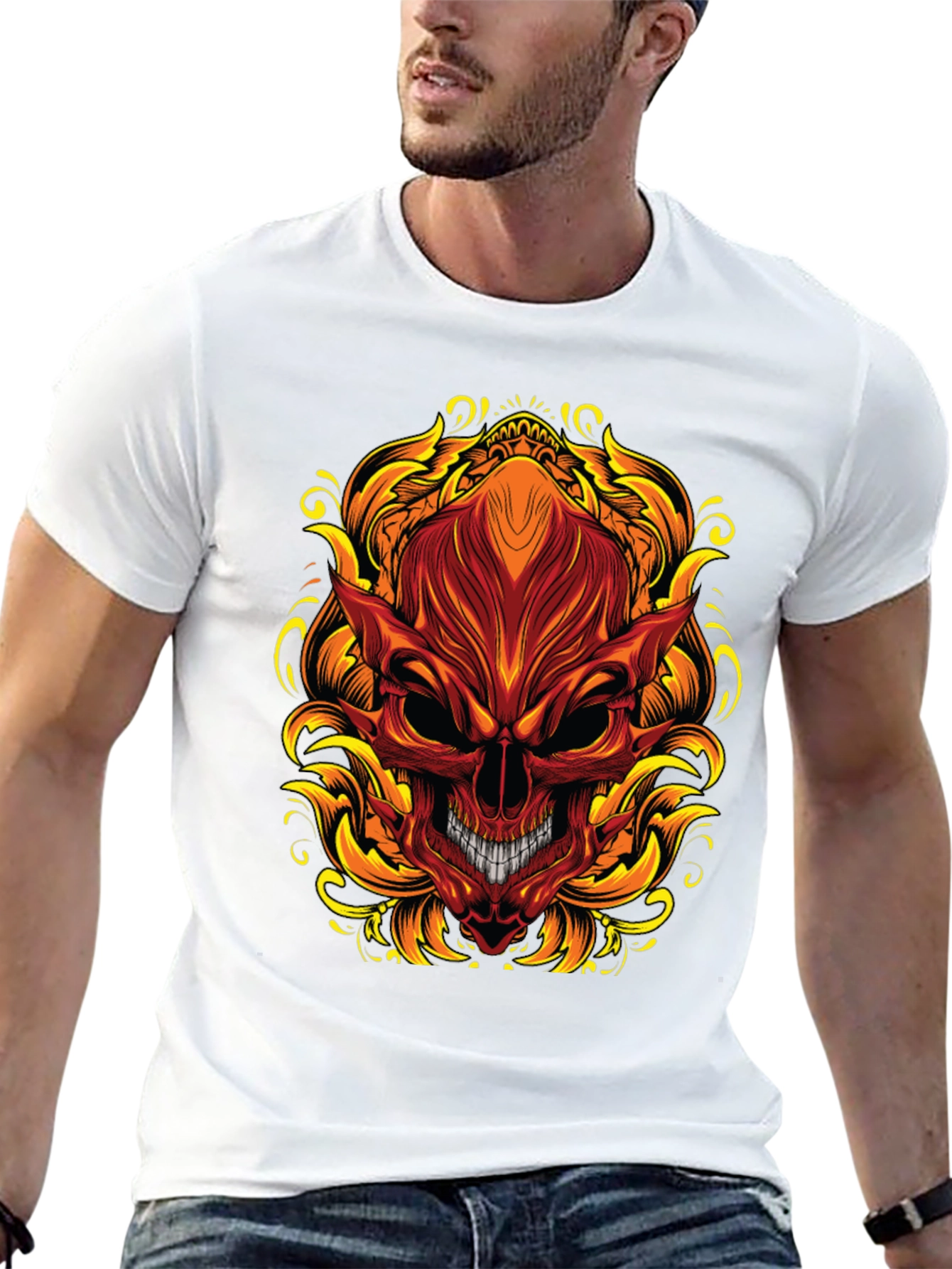 Fiery Skull Graphic T-Shirt - Bold Demon Design