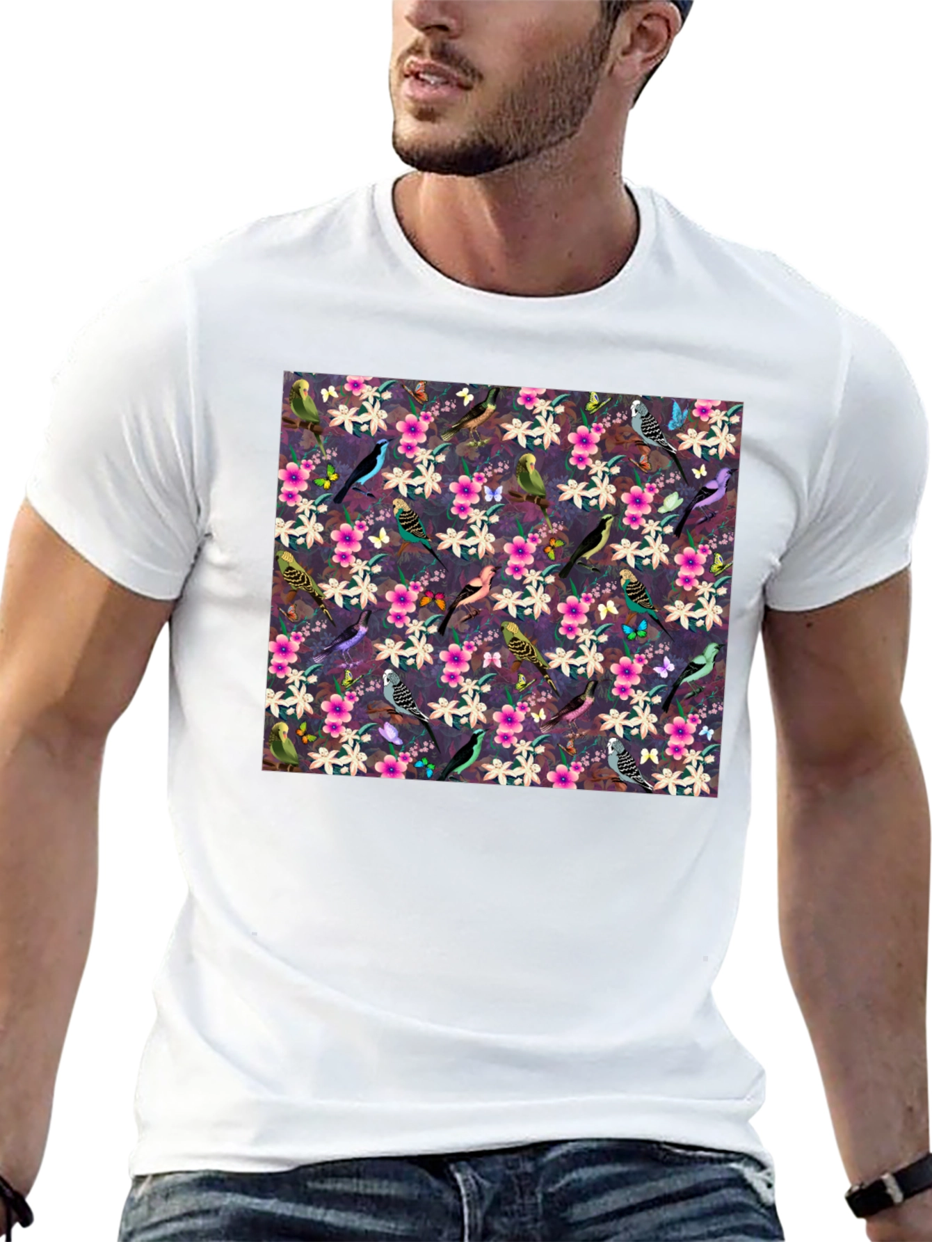 Floral Bird Pattern Black T-Shirt
