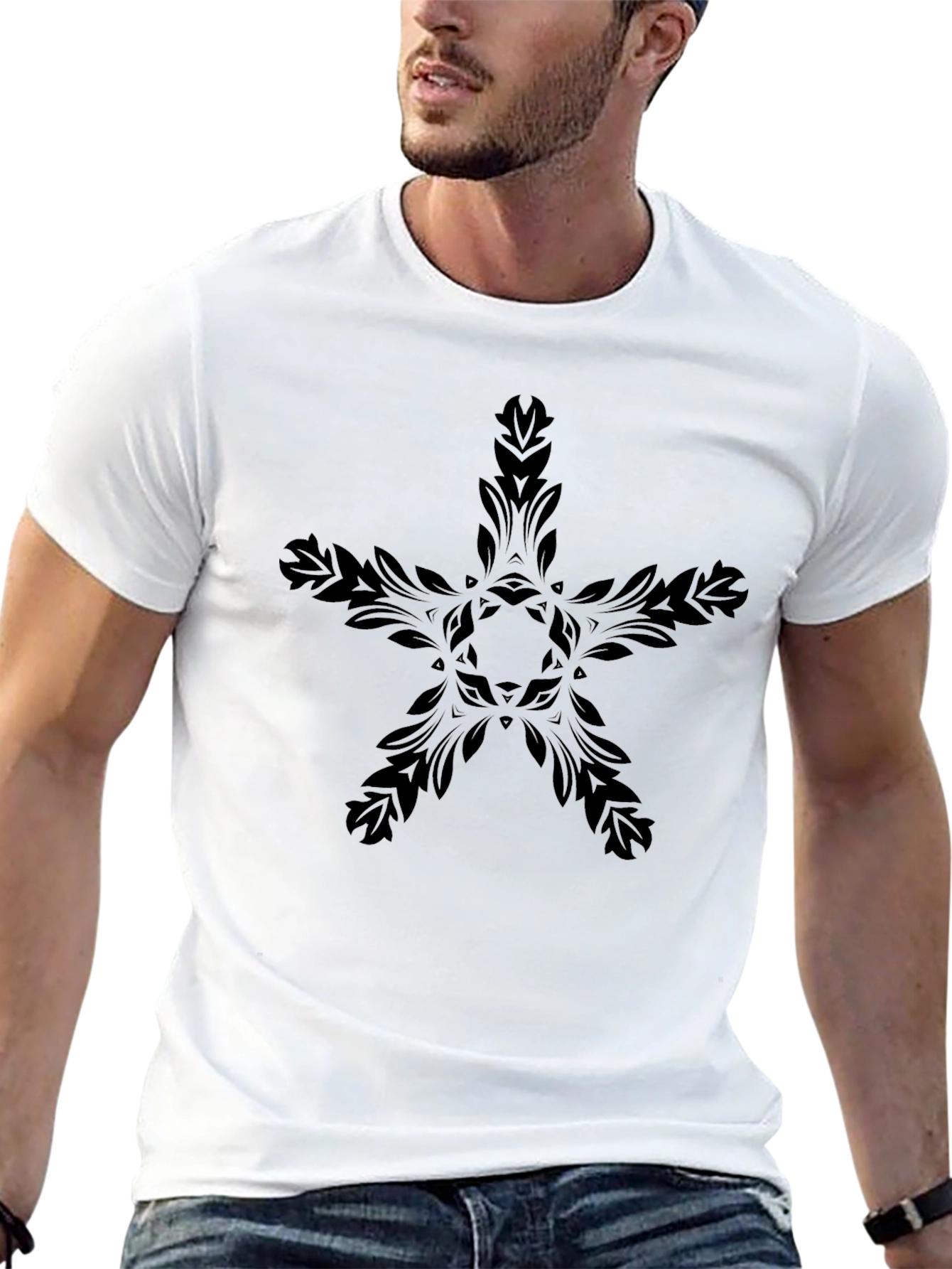 Elegant Black Star Floral Graphic T-Shirt