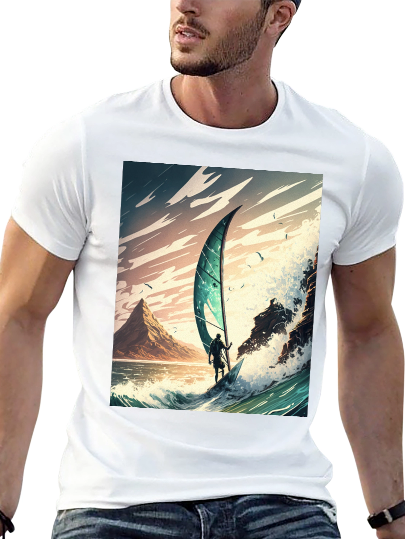 Windsurfing Wave Art Graphic Tee - Black