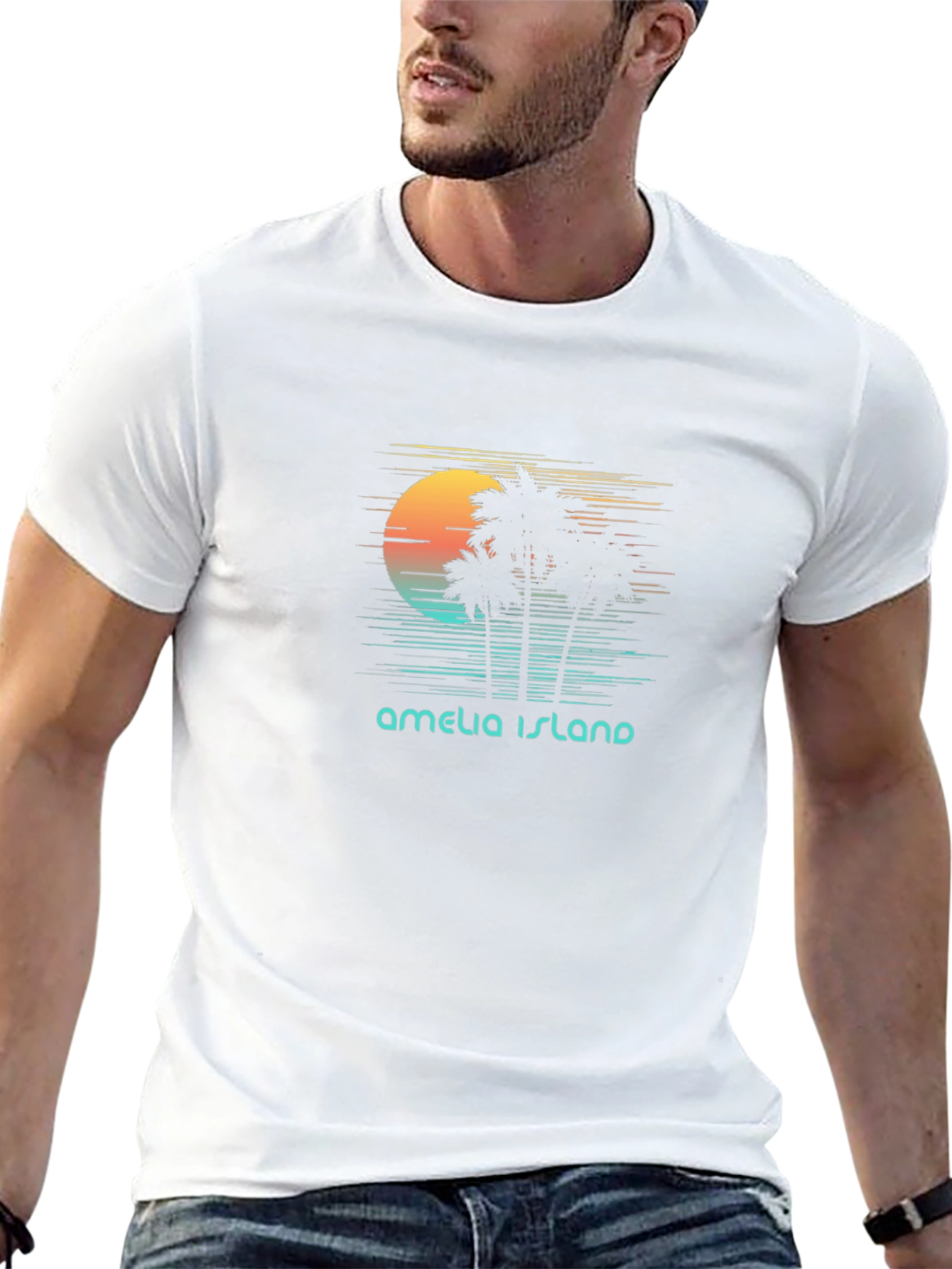 Amelia Island Retro Sunset Palm Tree T-Shirt