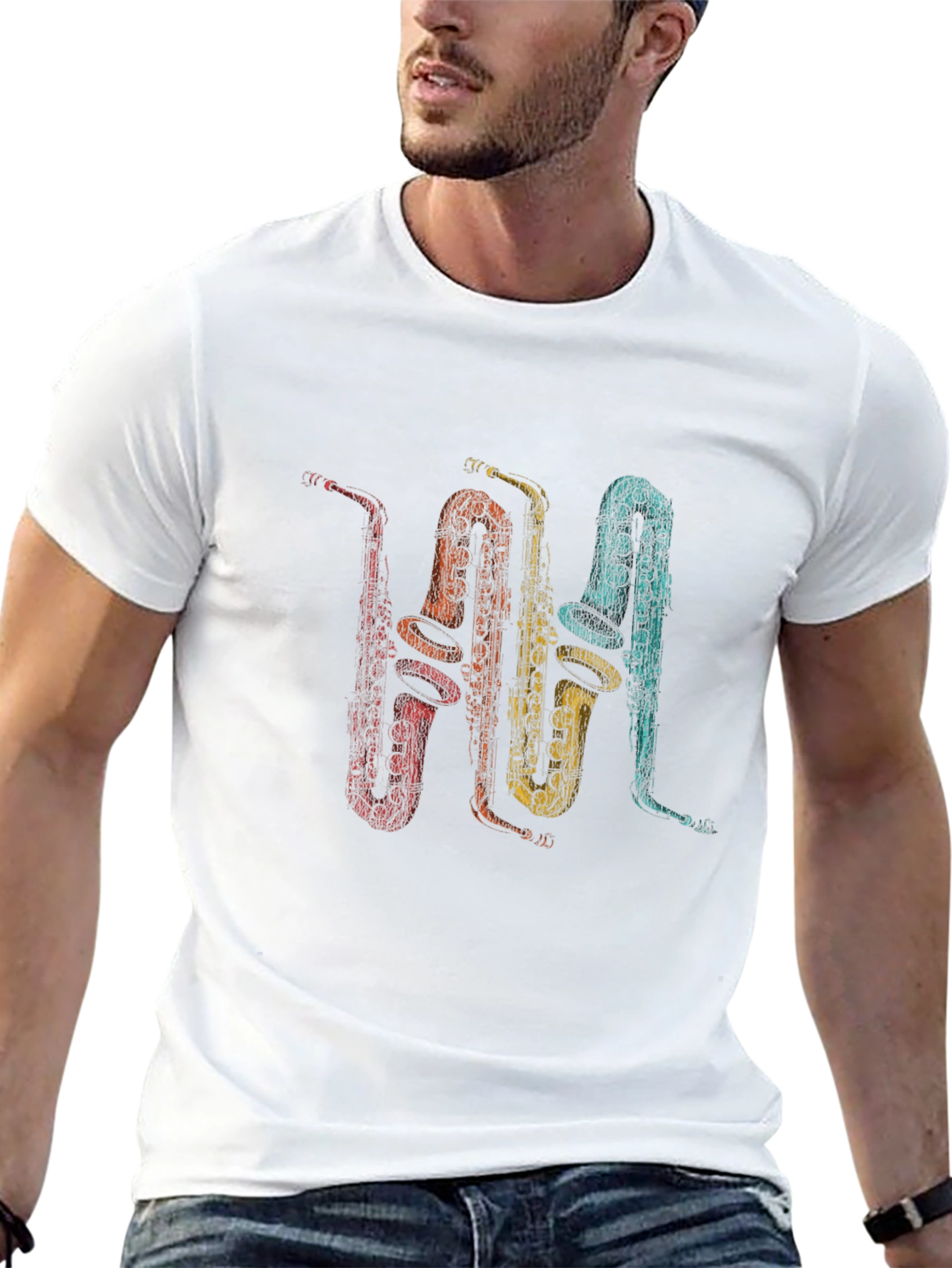 Retro Saxophone Print T-Shirt - Music Lover Tee