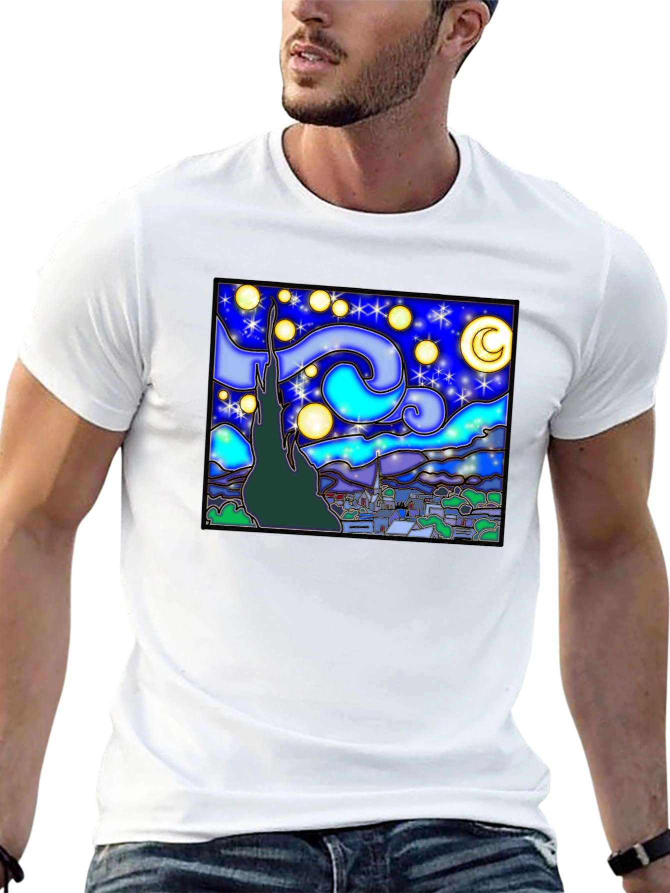 Starry Night Art Graphic Print Black T-Shirt