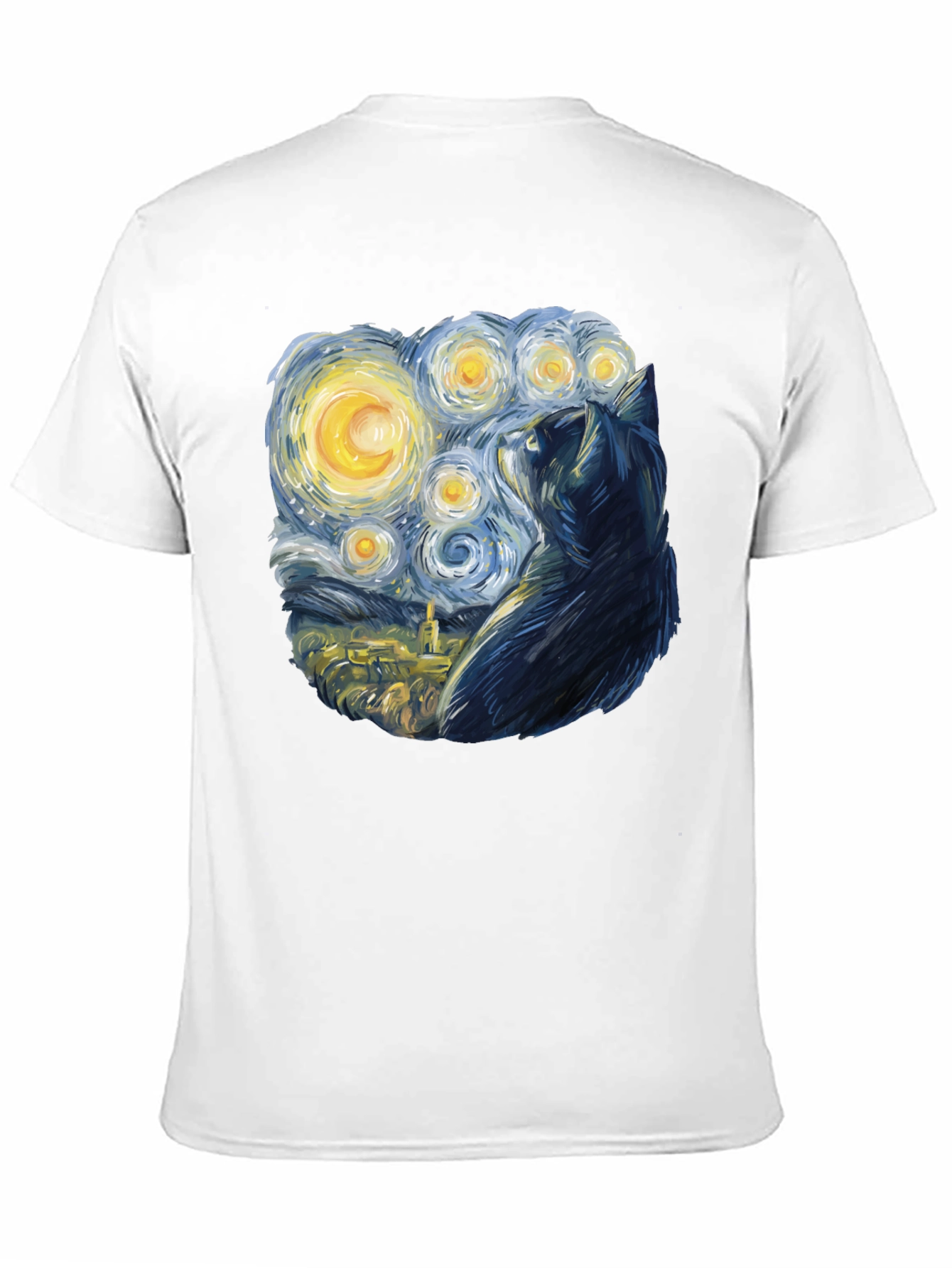 Starry Night Cat T-Shirt - Black Cotton Blend