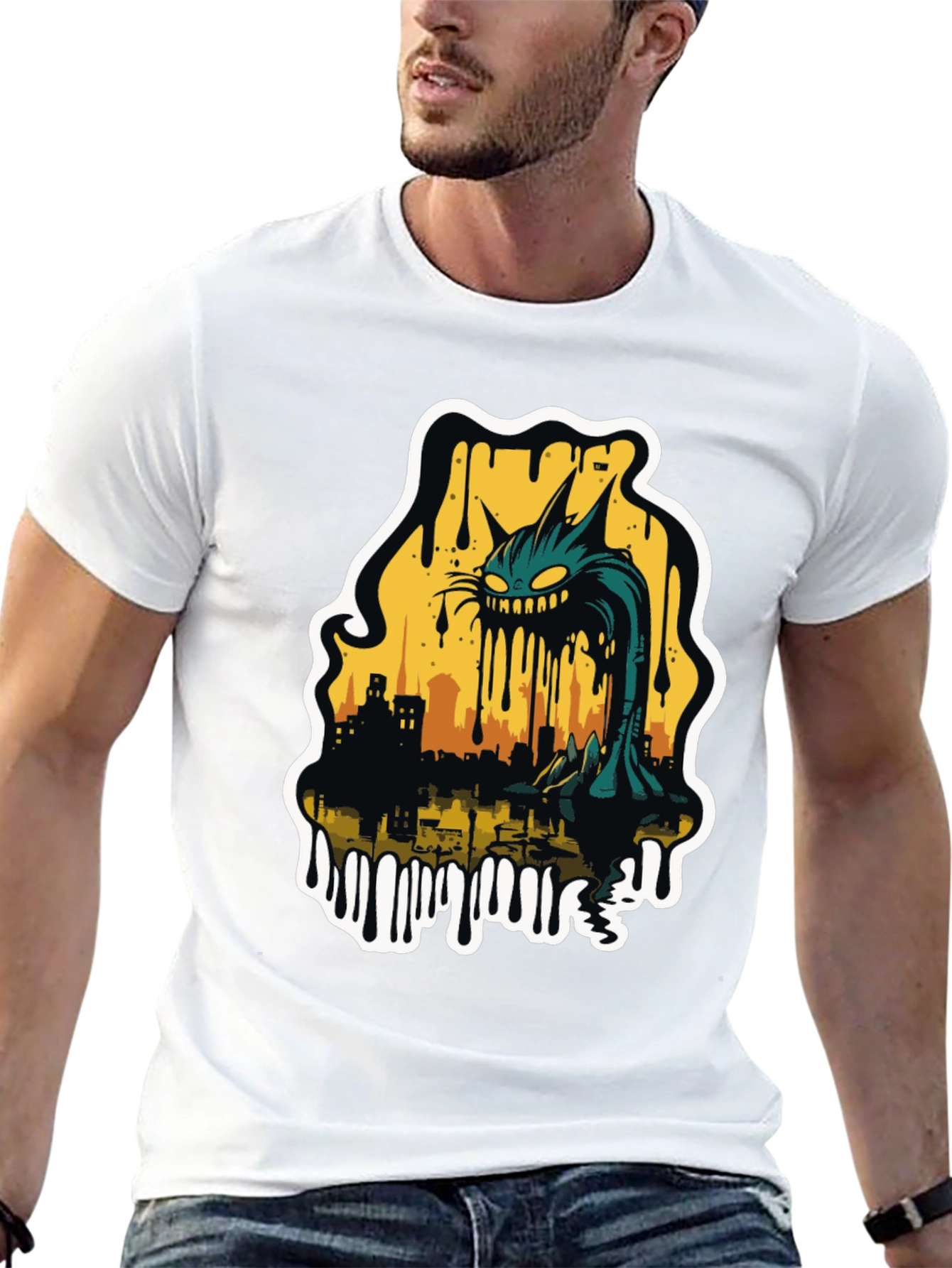 Monster Cat Cityscape Graphic Tee - Black