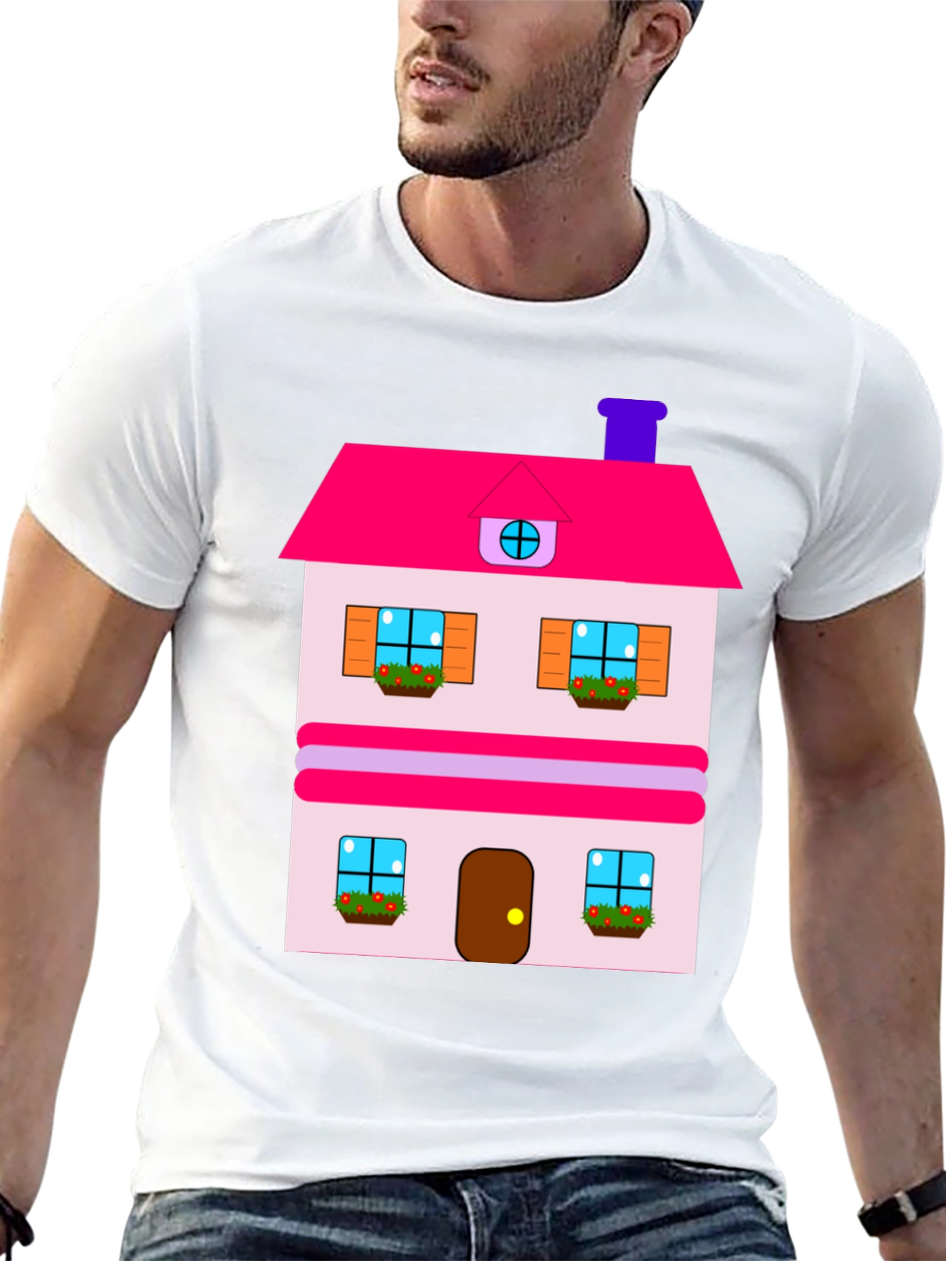 Whimsical House Print Tee - Black Cotton Blend