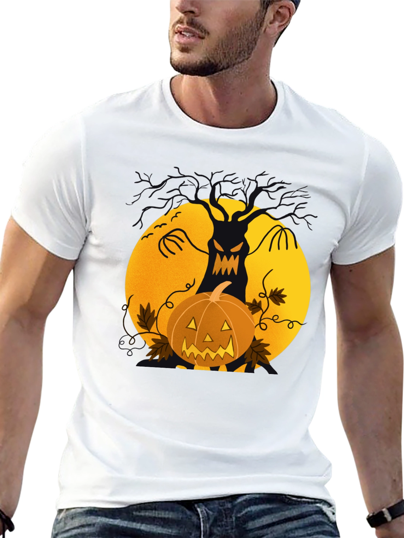 Halloween Tree & Pumpkin Black T-Shirt