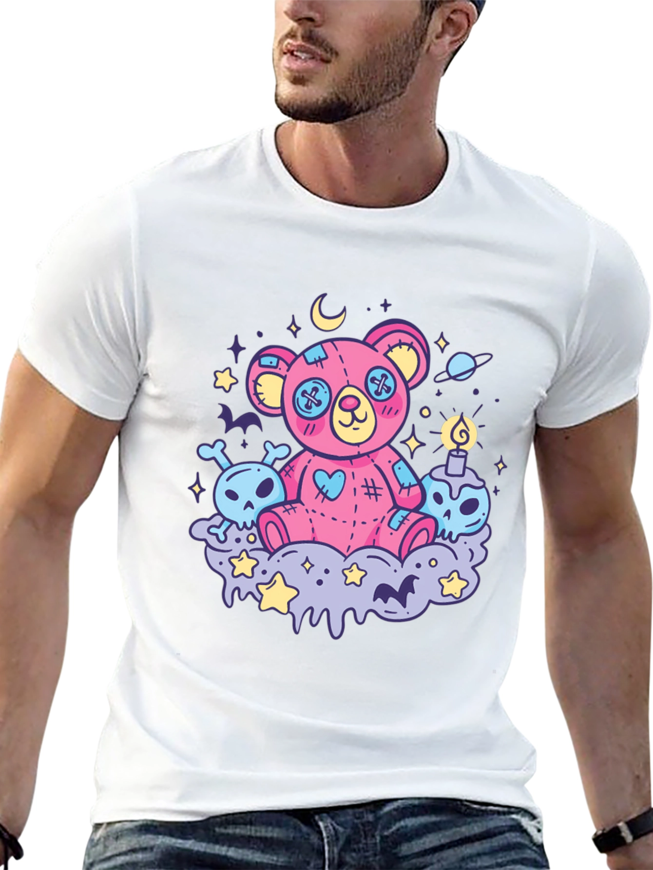 Creepy Cute Teddy Bear Graphic Black T-Shirt