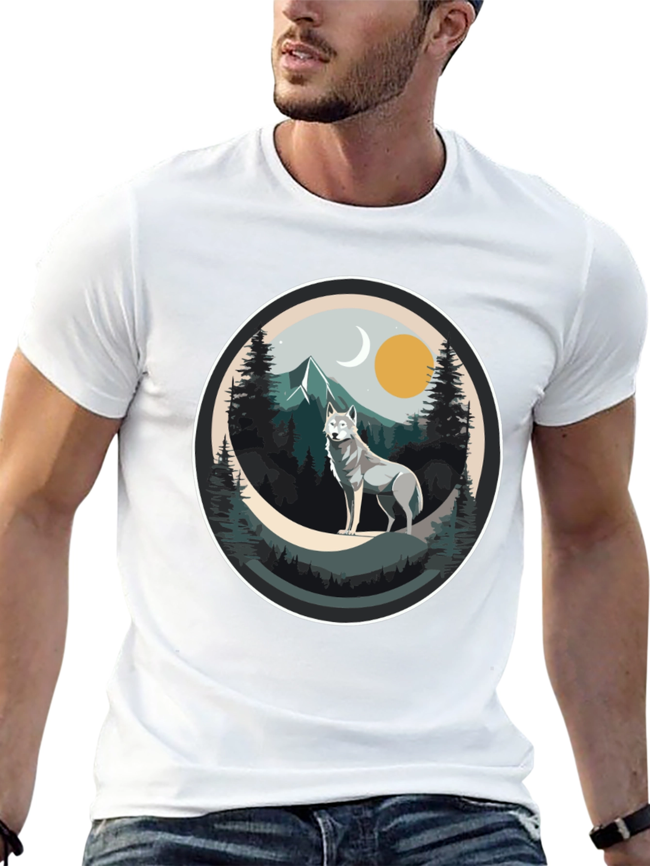 Wolf Mountain Scene Graphic Tee - Nature Lovers T-Shirt