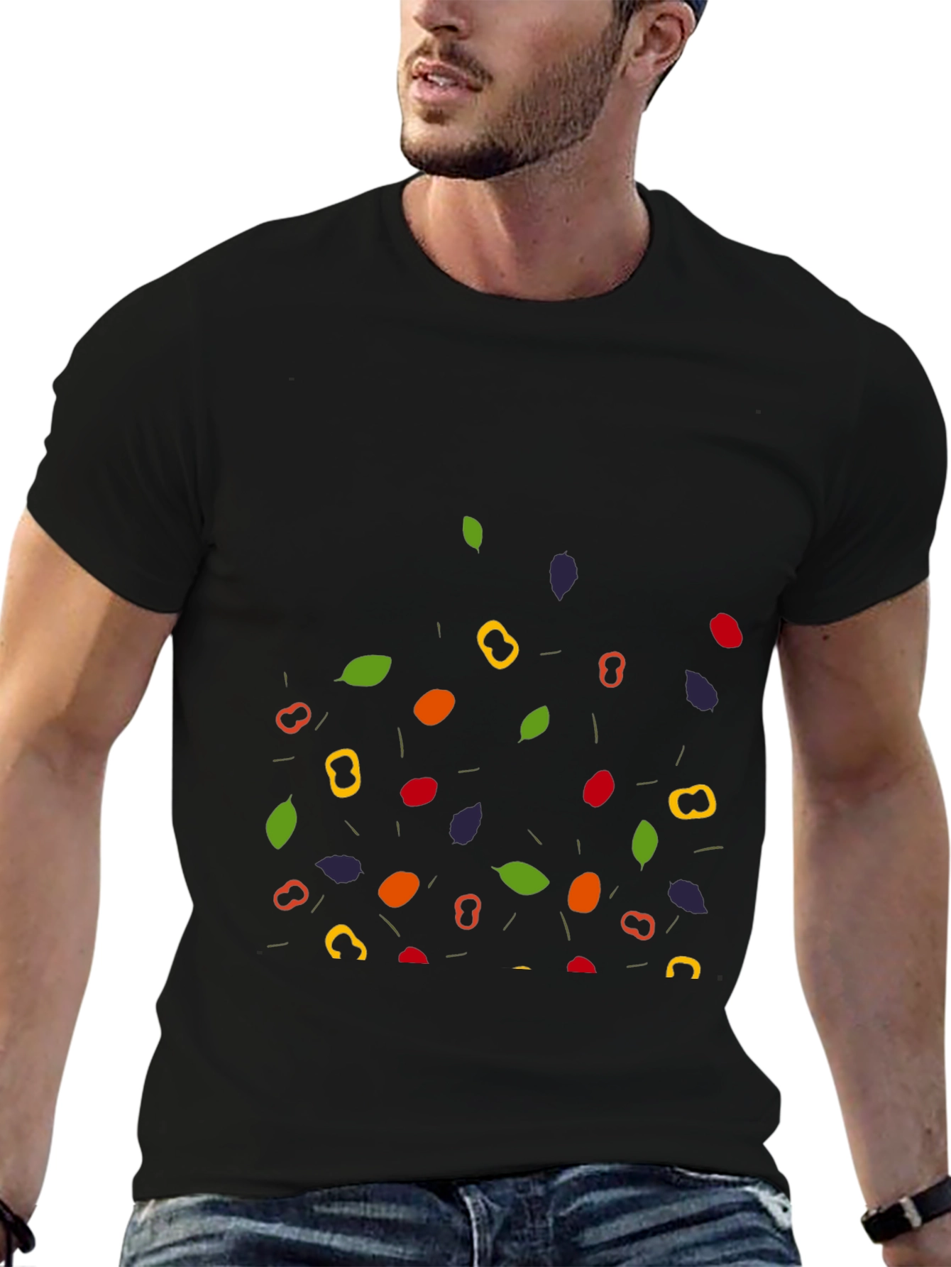Funky Fruit & Veggie Pattern Black T-Shirt
