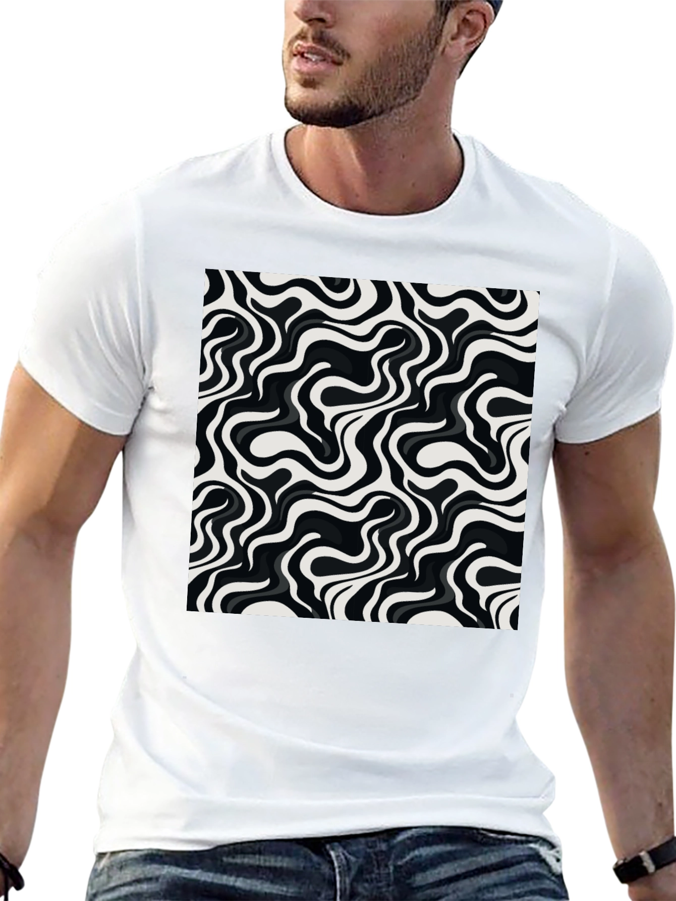 Abstract Wave Pattern Mens Graphic Tee - Black