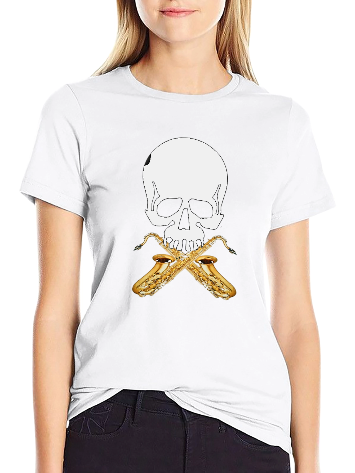 Skull & Saxophone Graphic Tee - Black Cotton T-Shirt