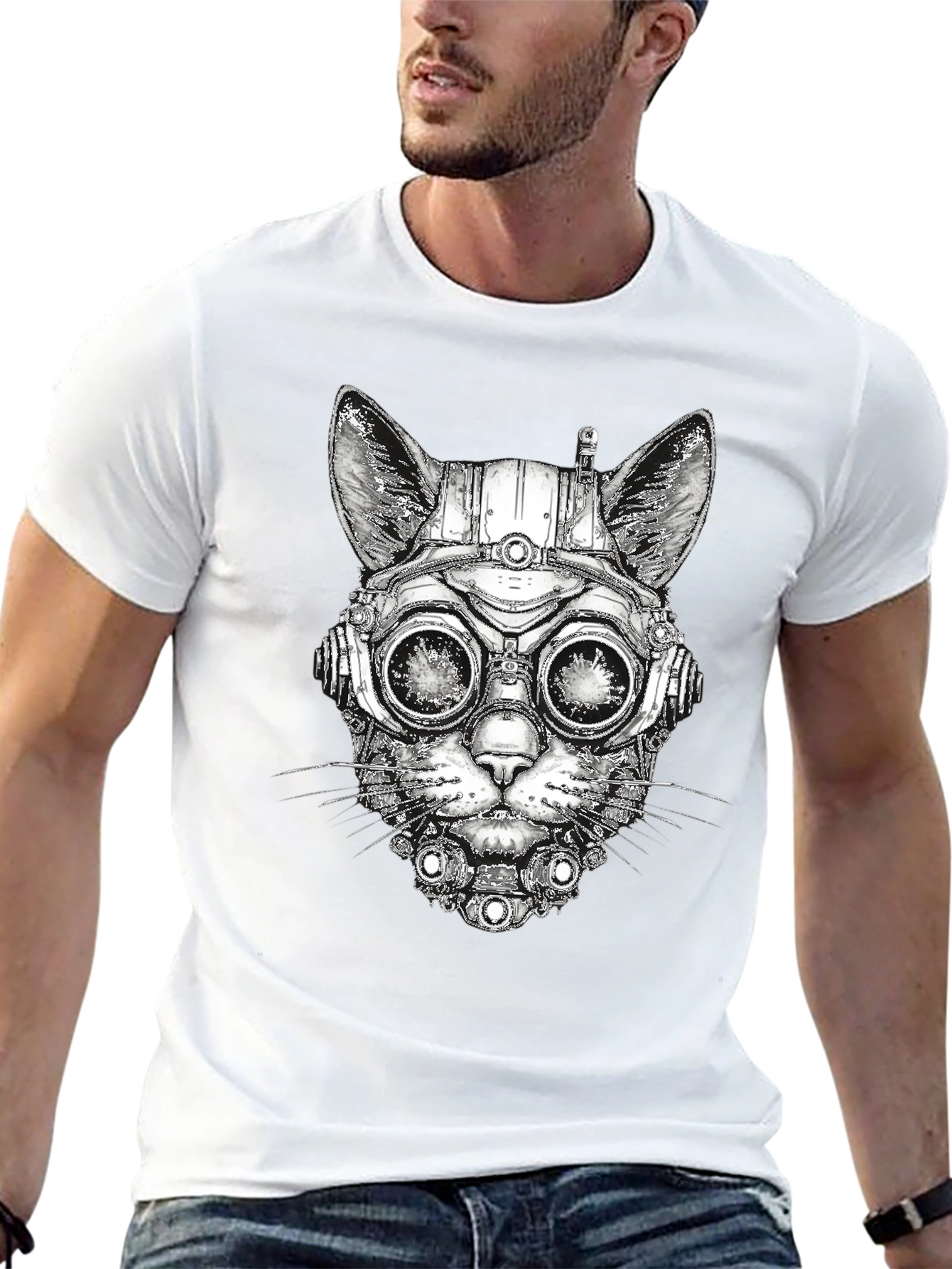 Steampunk Cat Graphic T-Shirt - Unique Design