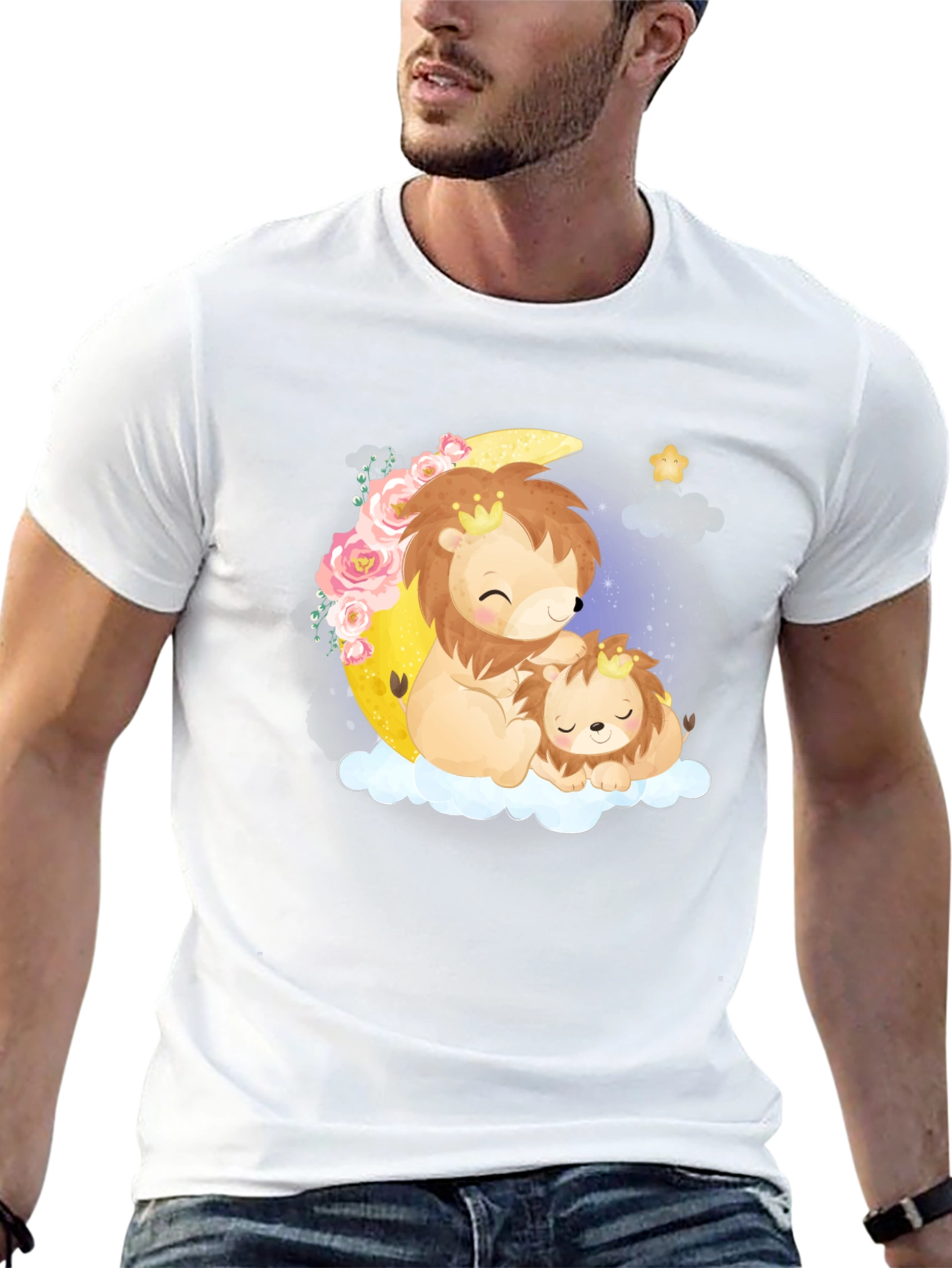 Cute Lion & Cub on Moon Black T-Shirt
