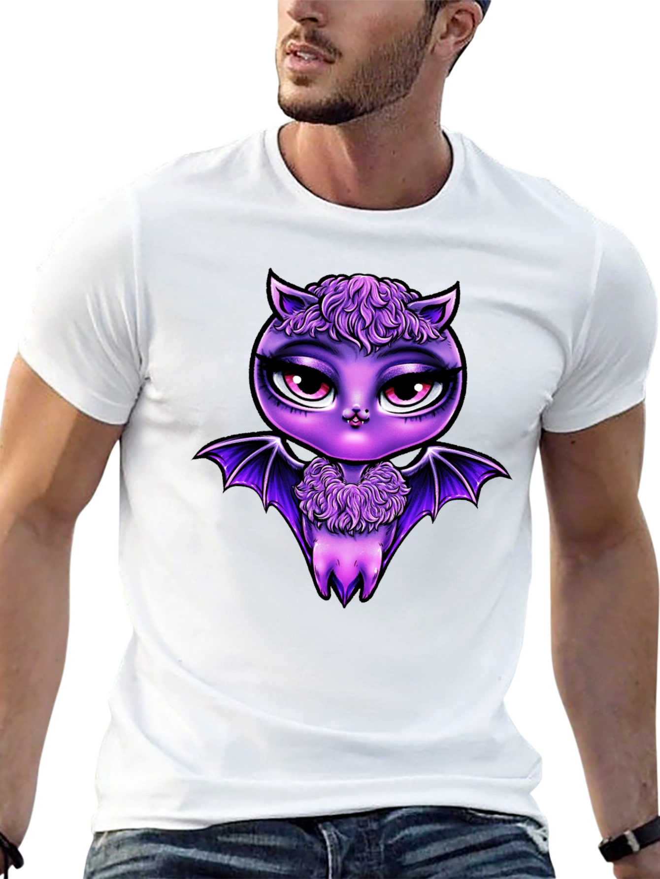 Cute Purple Bat Graphic Tee - Mens Black T-Shirt
