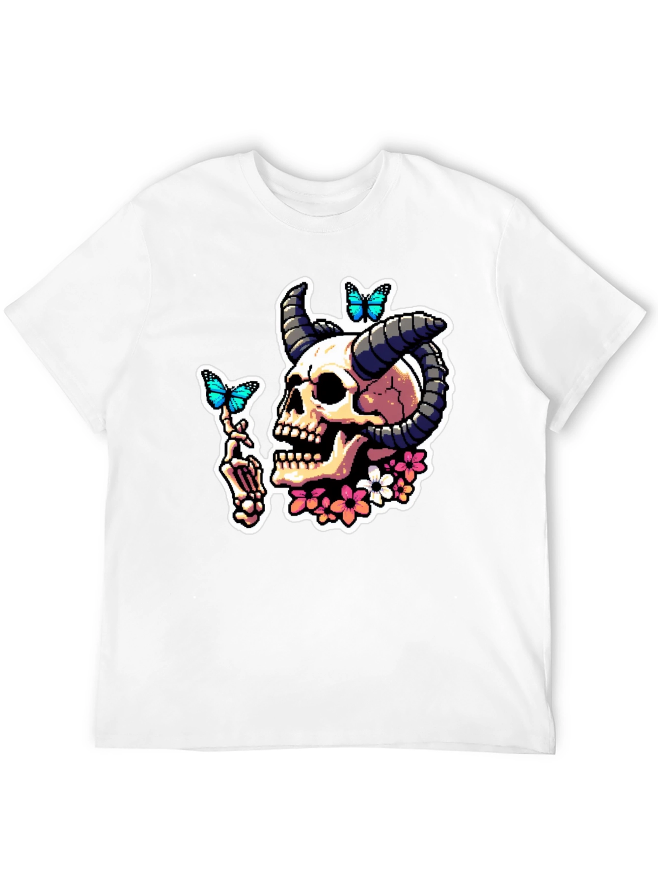 Skull Horns Butterfly Graphic T-Shirt