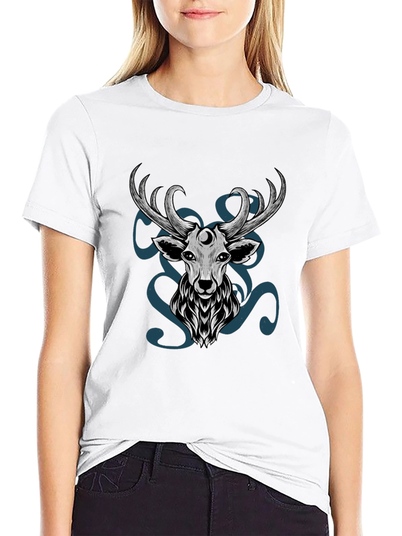 Mystic Deer Graphic Tee - Black Cotton Blend