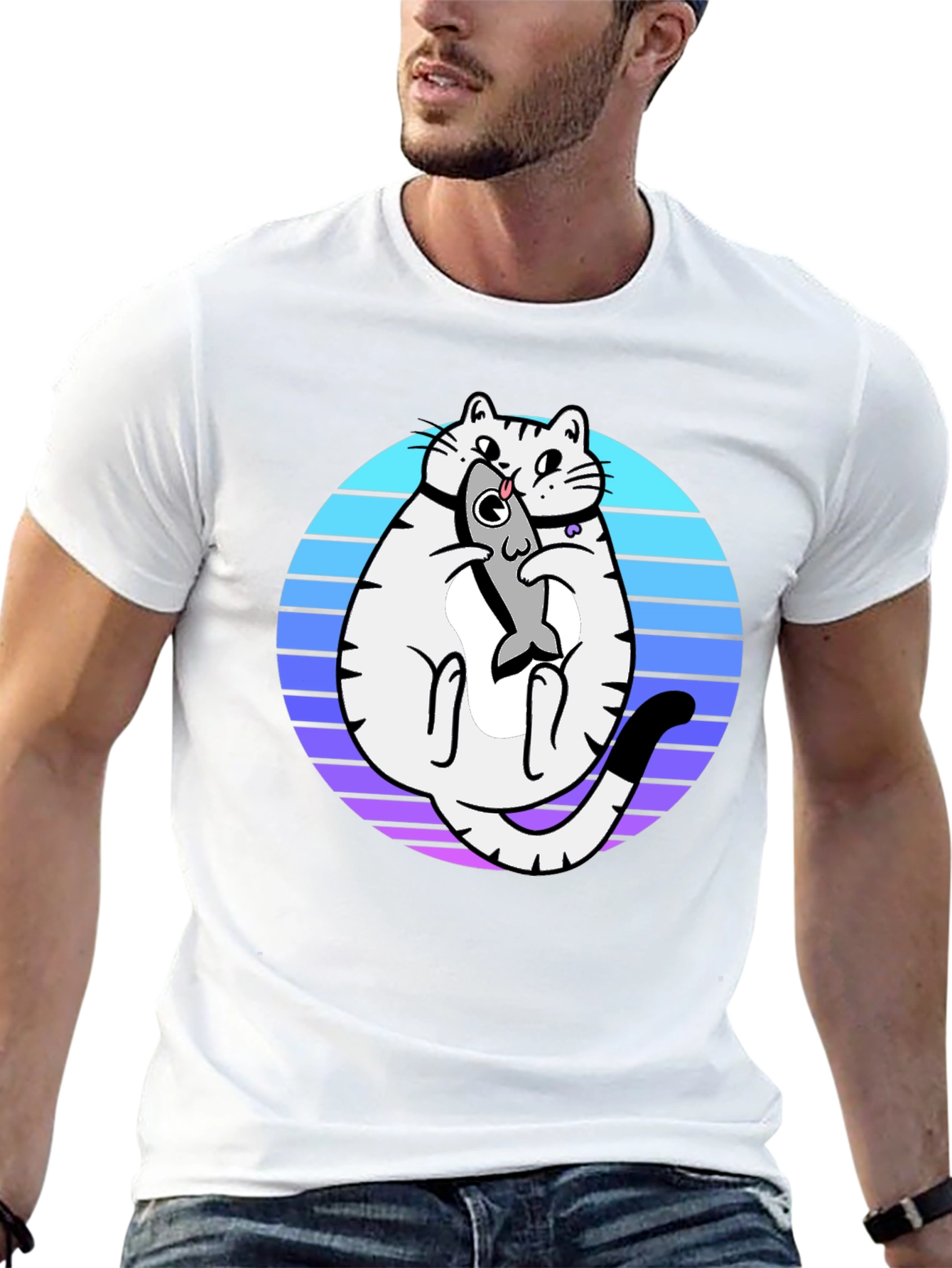 Cat Holding Fish Graphic T-Shirt - Black