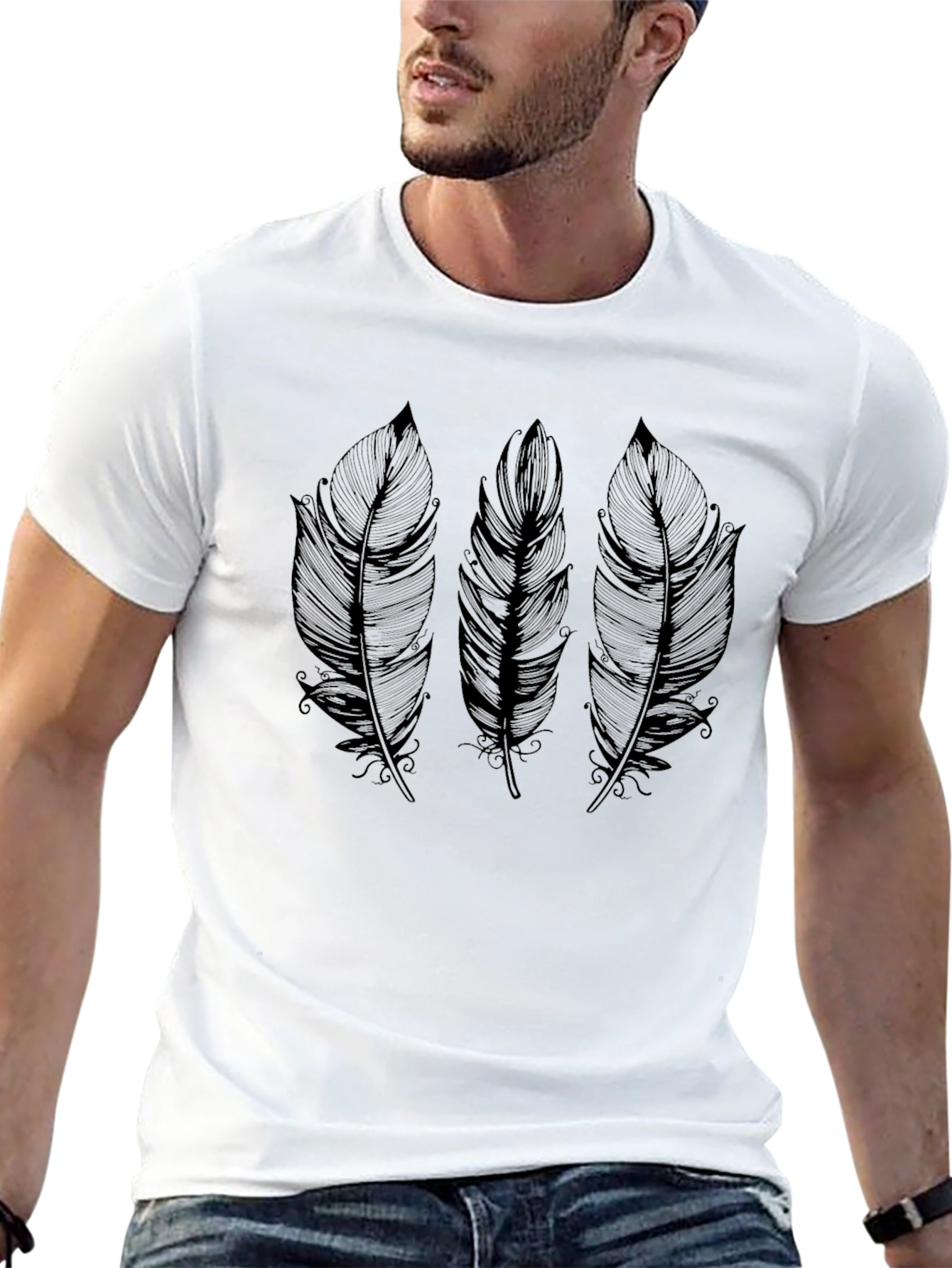Feather Print Crew Neck T-Shirt