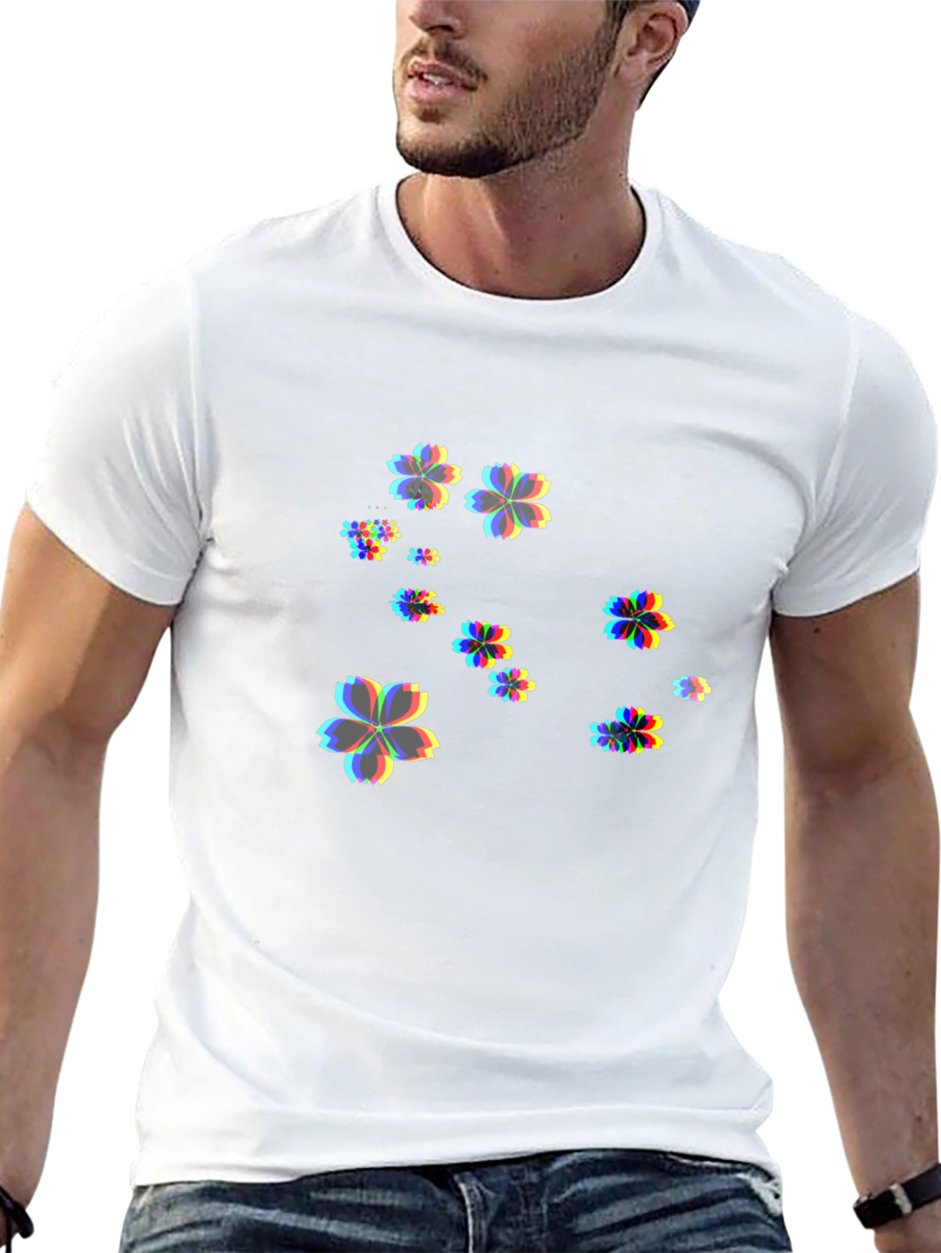 Mens Black T-Shirt with Floral Glitch Design