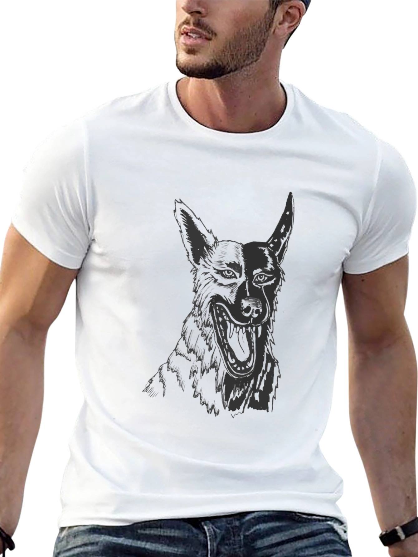 Mens Black Graphic Tee - Dog Sketch Design