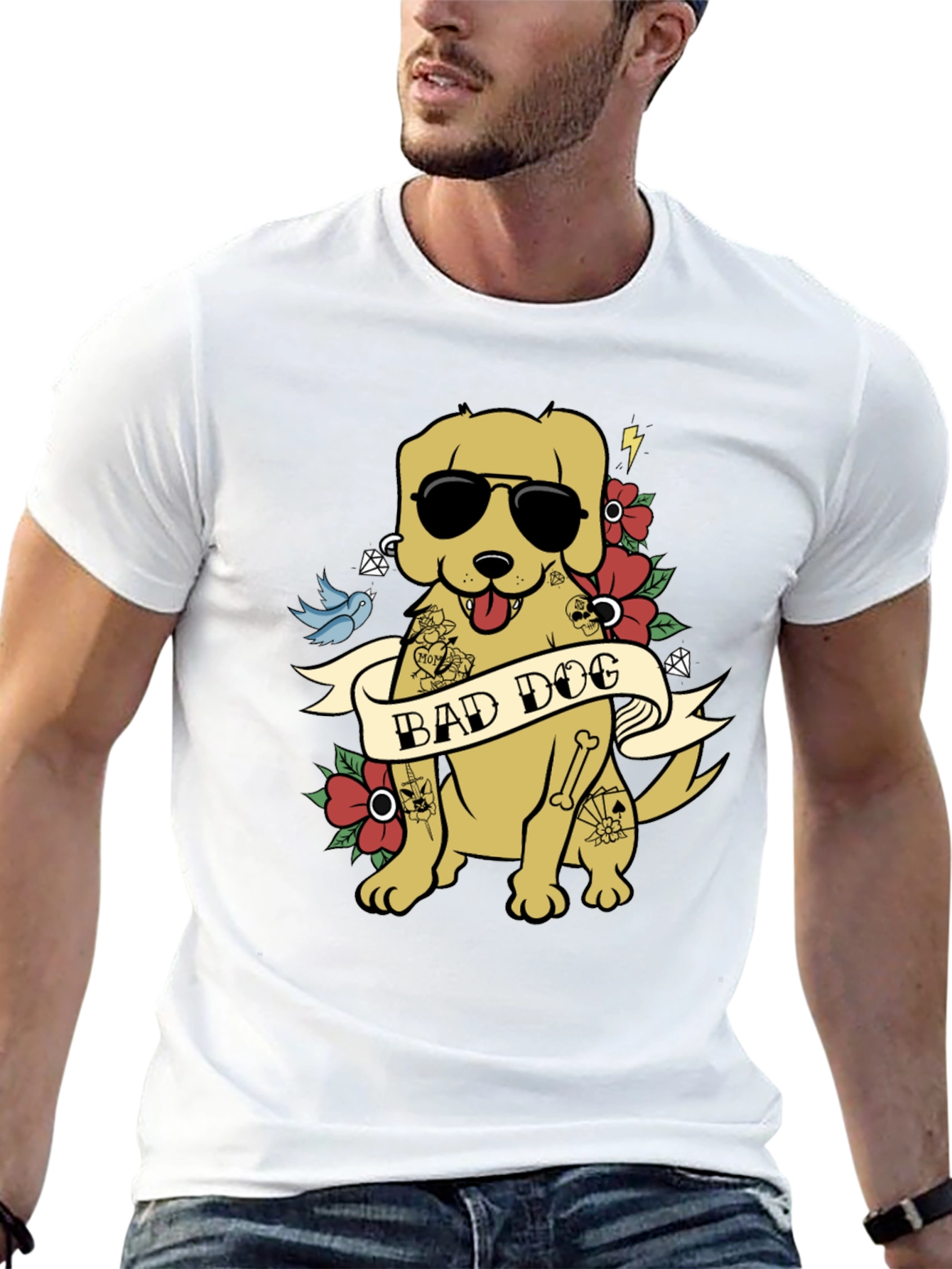 Bad Dog Graphic Tee - Funny Tattooed Dog T-Shirt