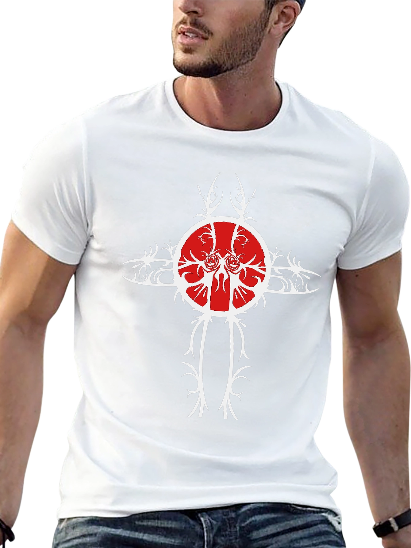 Black Tee with Unique Red & White Cross Design