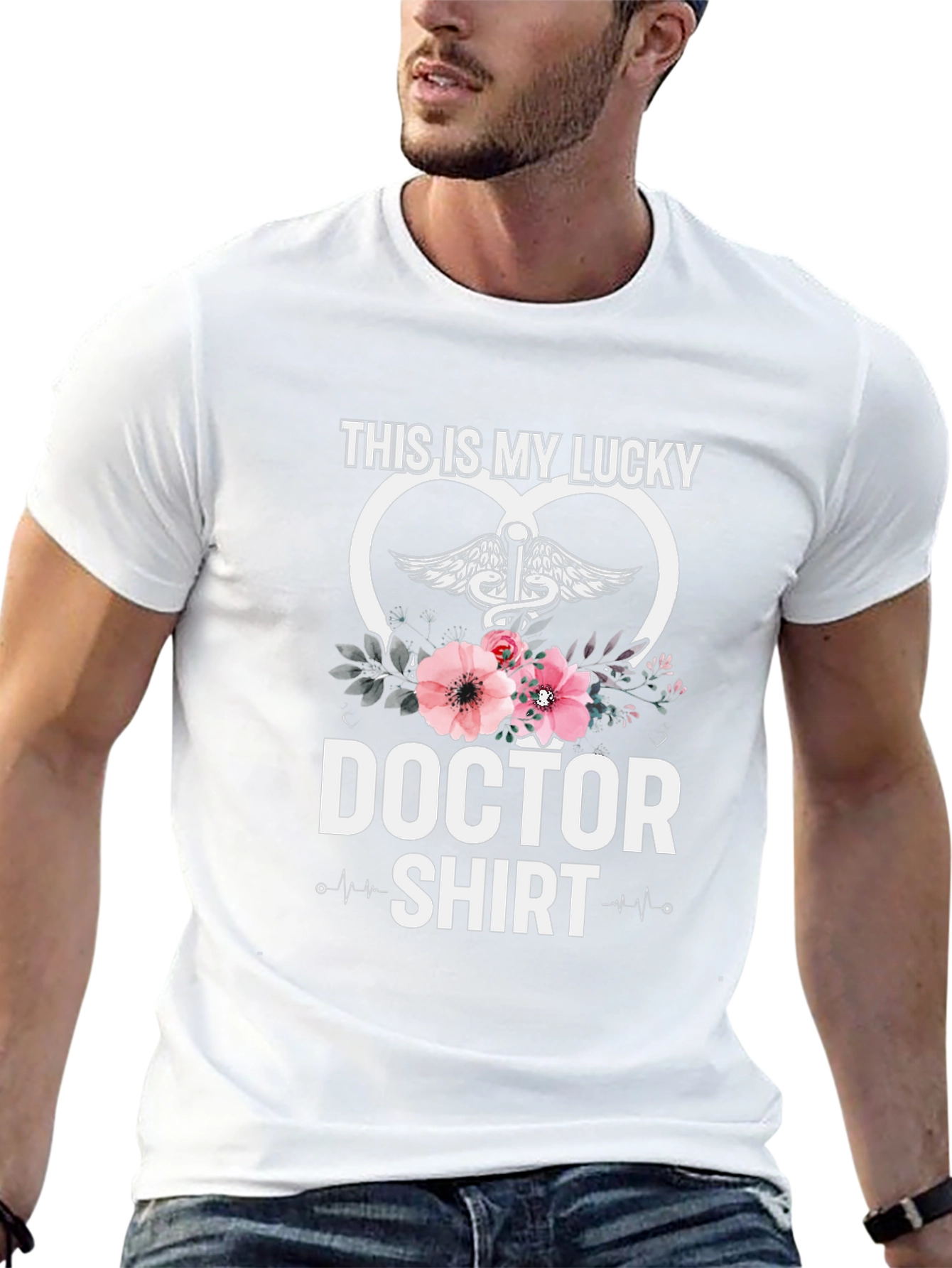 Lucky Doctor T-Shirt: Floral Caduceus Design