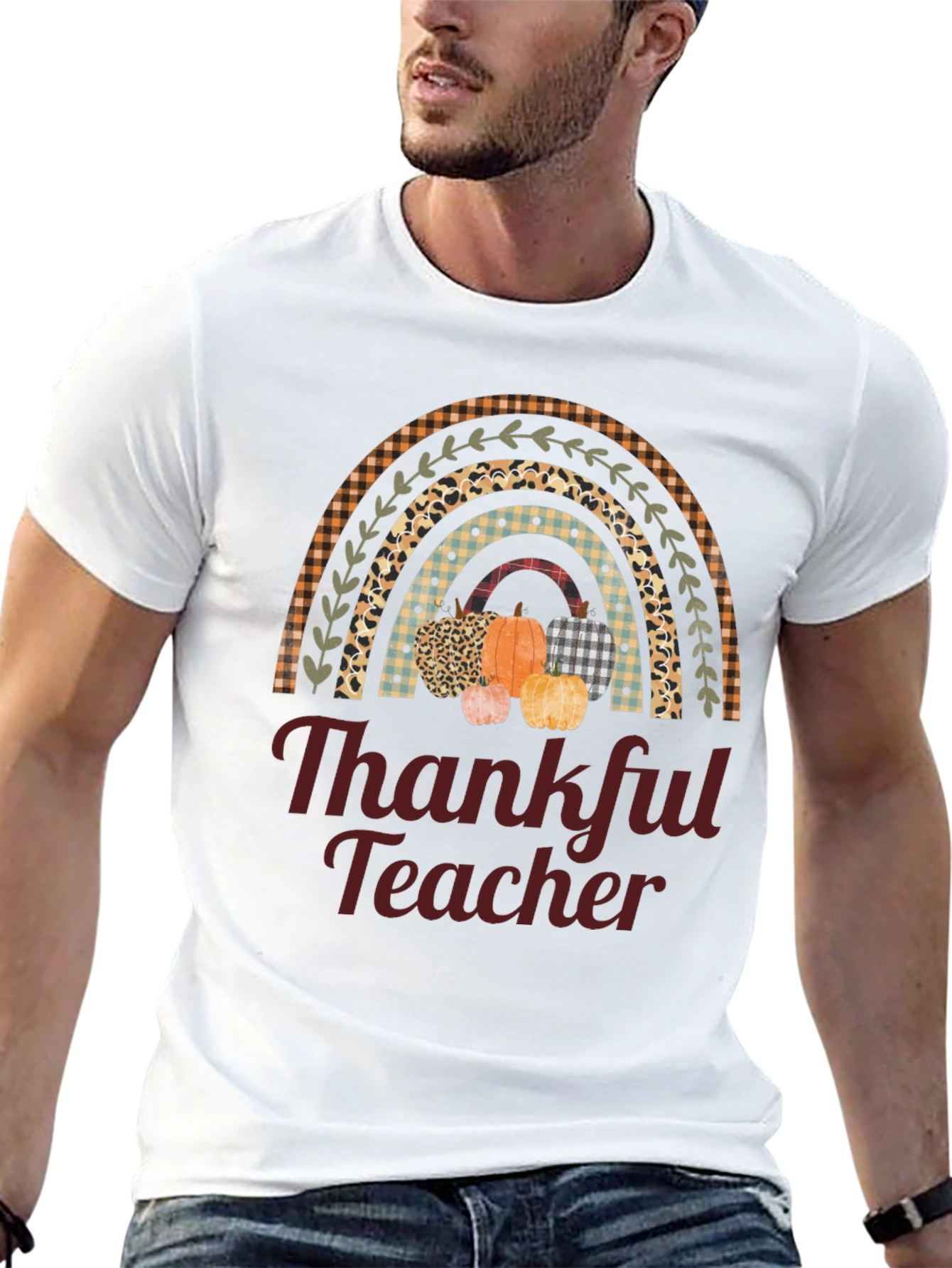 Thankful Teacher T-Shirt - Fall Rainbow Pumpkin Design