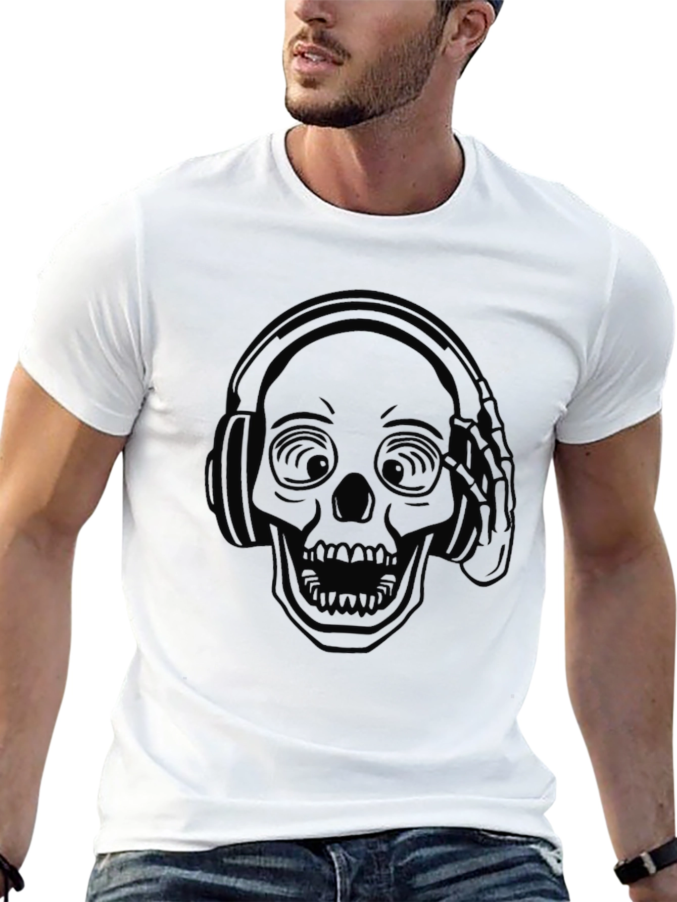 Skull Headphones Graphic Tee - Black Cotton Comfort
