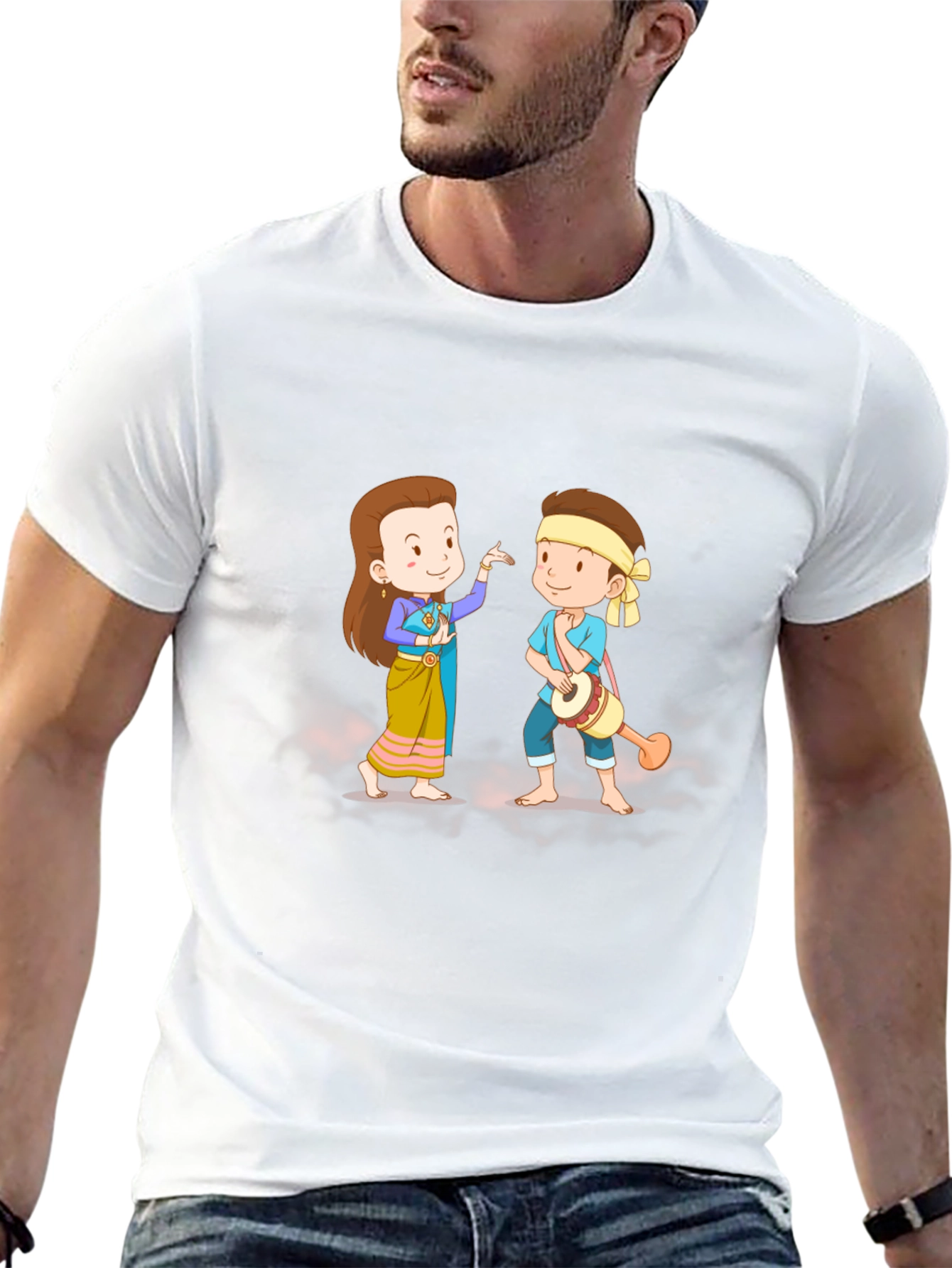 Thai Dance Cartoon Graphic Black T-Shirt
