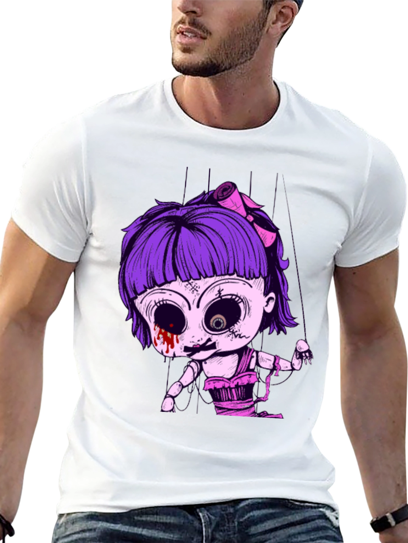 Creepy Doll Puppet Graphic Tee - Black Cotton T-Shirt