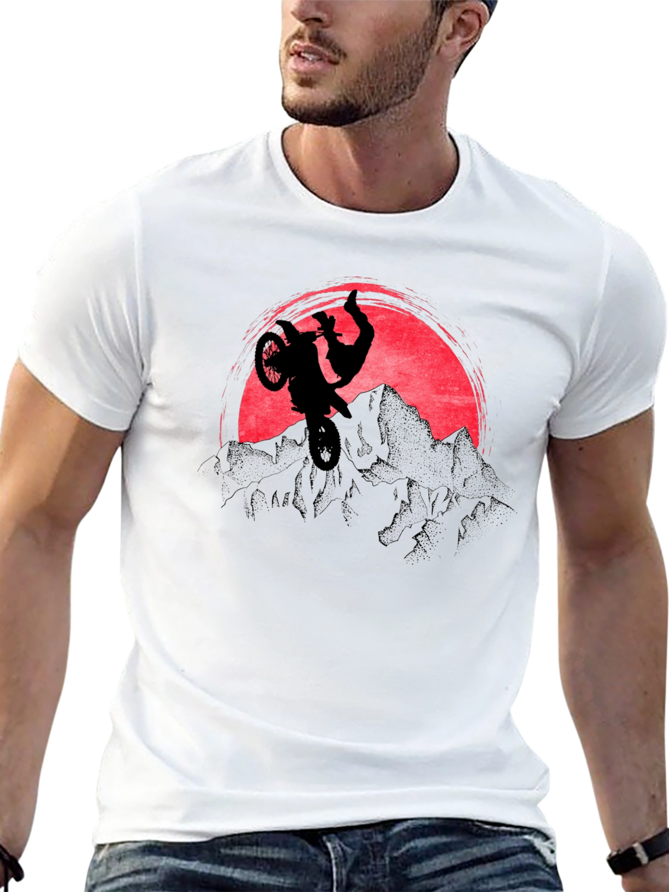 Motorcycle Stunt Graphic T-Shirt - Mountain Sunset Design