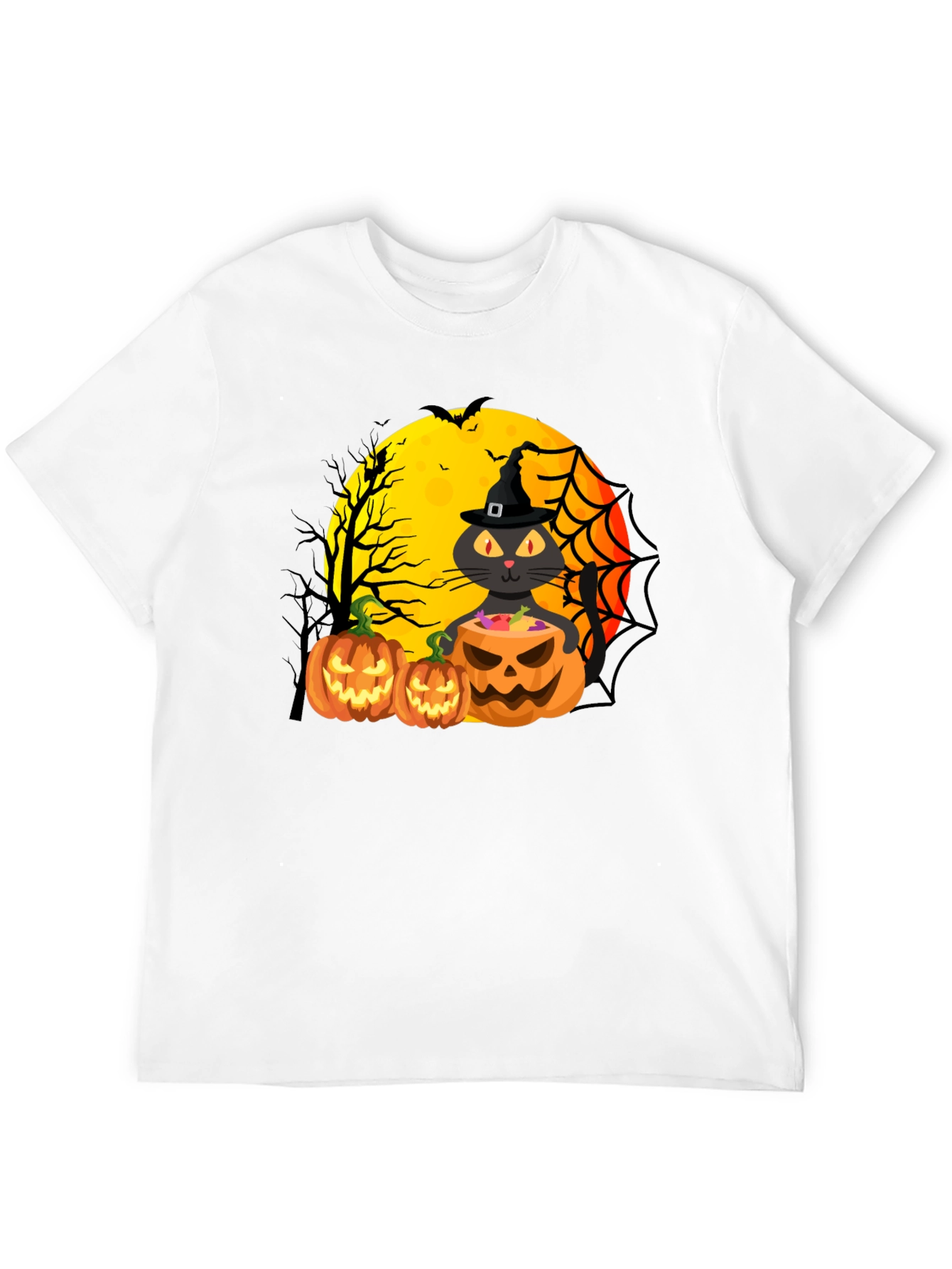 Halloween Cat & Pumpkins Black T-Shirt