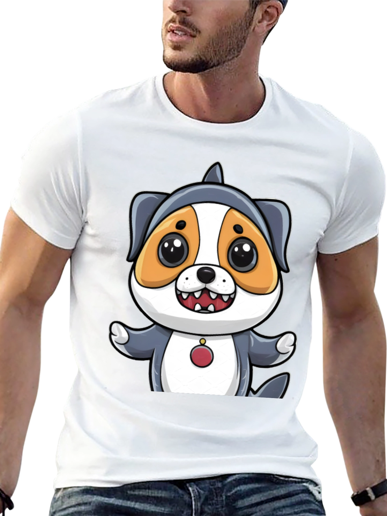 Cartoon Dog in Shark Costume Black T-Shirt