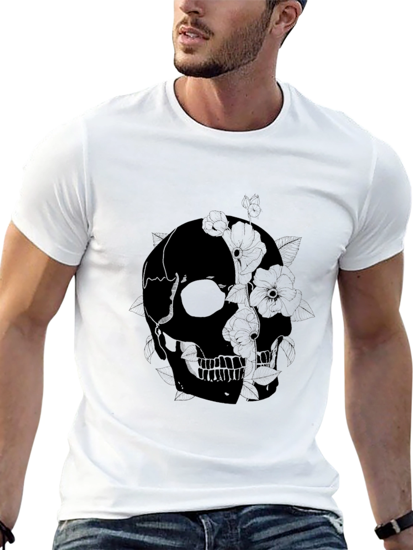 Skull & Floral Graphic Print Black T-Shirt
