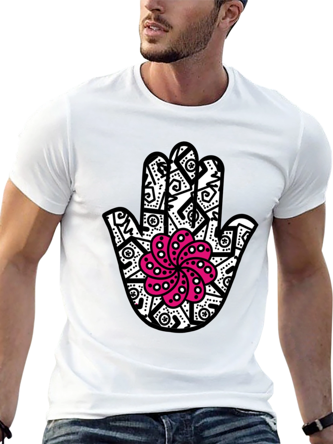 Black Hamsa Hand T-Shirt with Pink Lotus Design