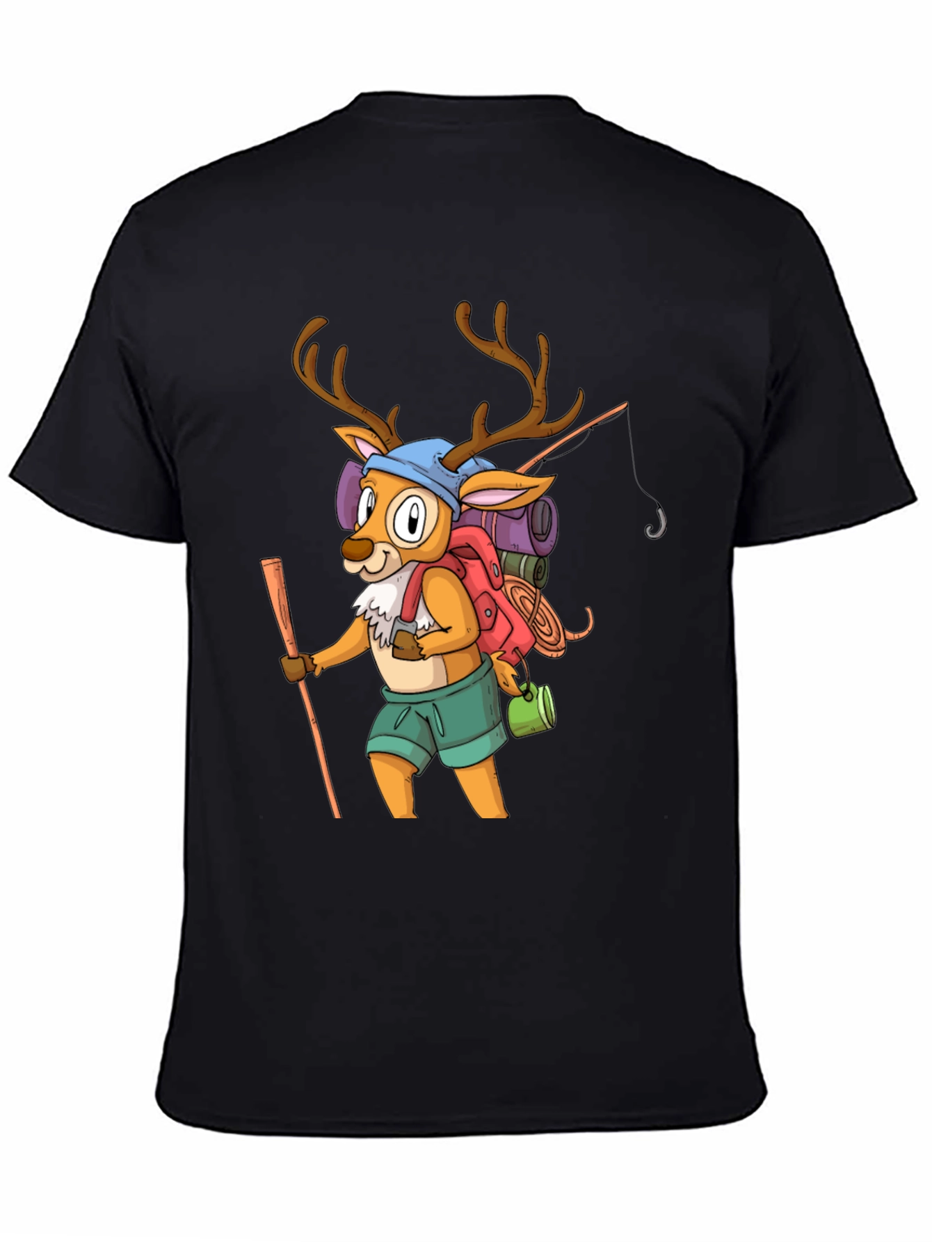 Hiking Deer Graphic Tee - Black Cotton T-Shirt