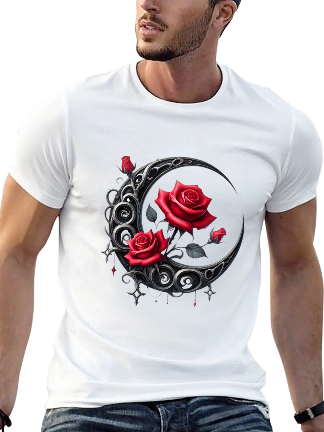 Red Rose Crescent Moon Graphic Tee