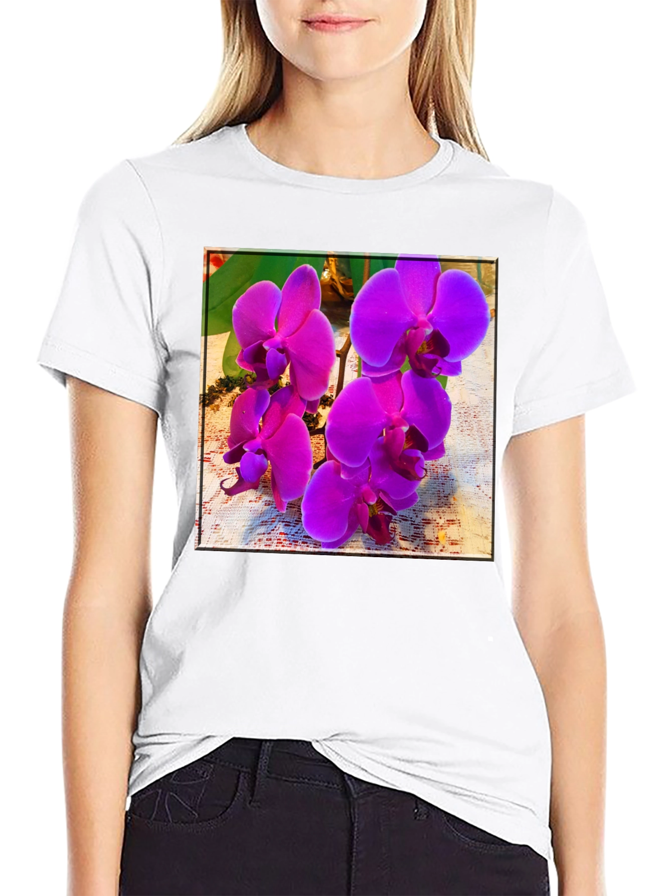 Orchid Flower Print Black T-Shirt