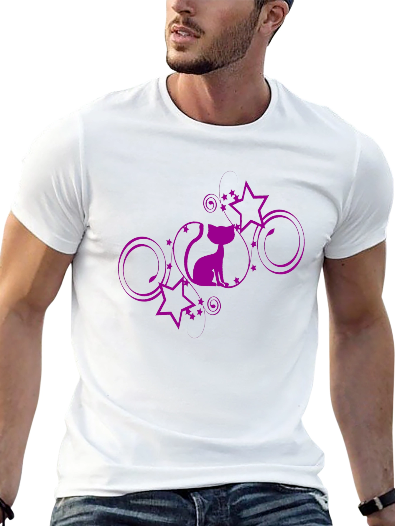 Stylish Black T-Shirt with Purple Cat and Stars Design