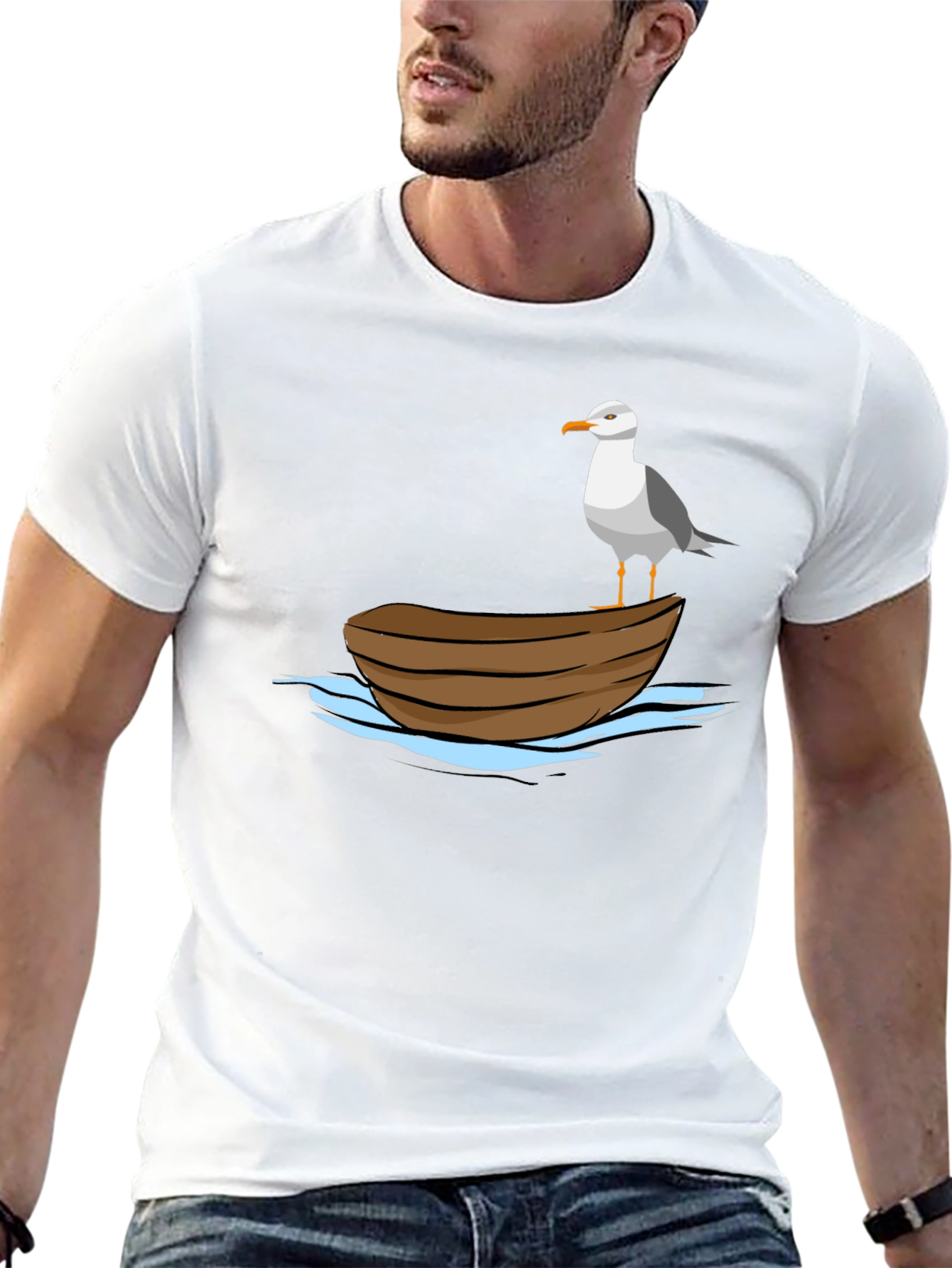 Seagull on Boat Graphic Tee - Black Cotton T-Shirt